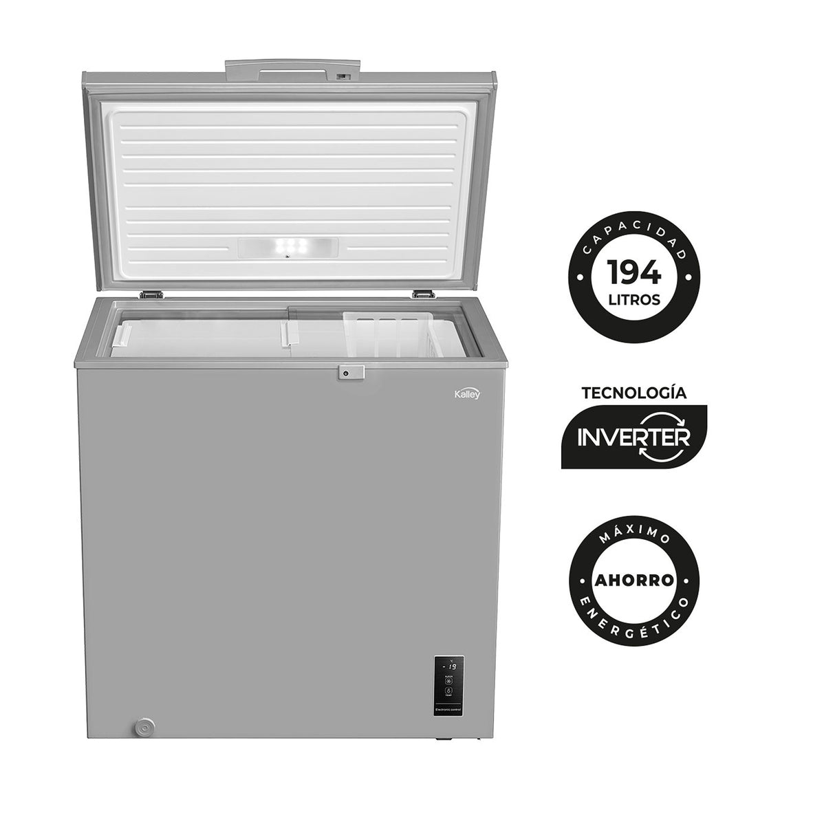 Congelador Kalley Inverter Dual Gris 55x85cm de 194 Litros con Iluminación Interna