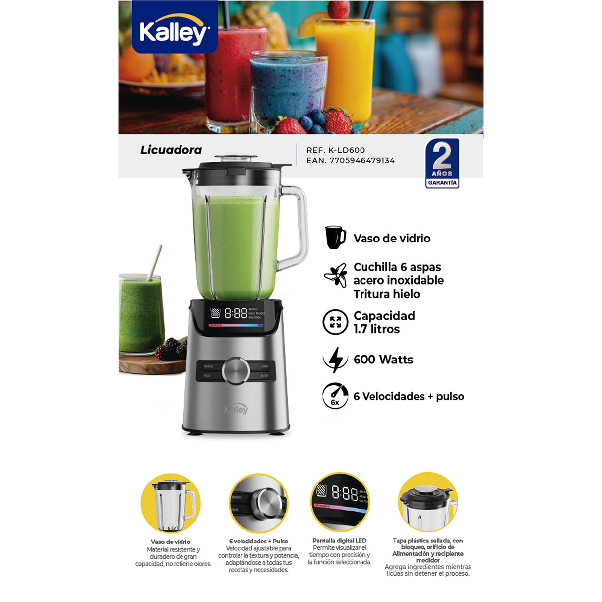Licuadora Kalley Plateado 20.3x44cm de Seis Aspas para 1.7 Litros con Seis Velocidades