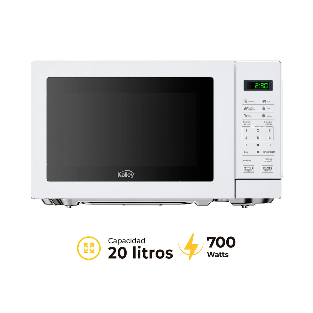 Horno Microondas Kalley Blanco 32.9x25.9cm de 20 Litros con Ocho Funciones Preconfiguradas