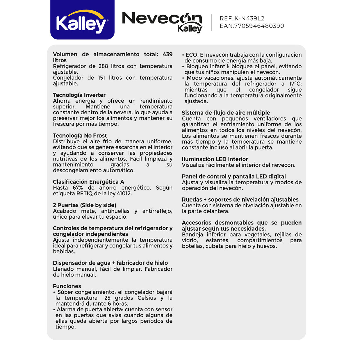Nevecón No Frost Kalley Side by Side Gris 91x177cm Americano de 439 Litros con Dispensador de Agua