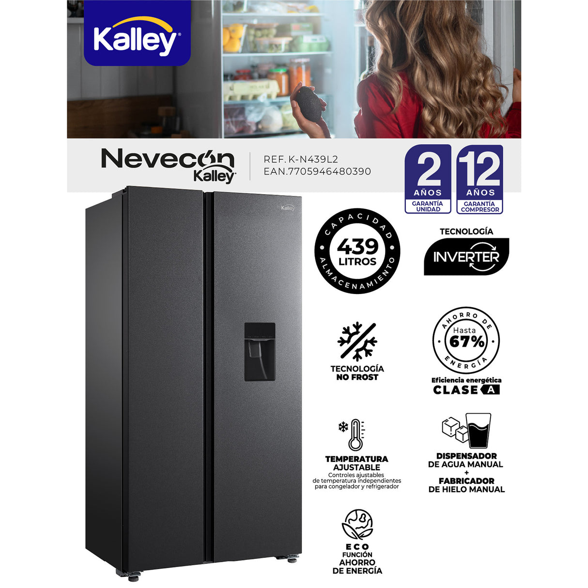 Nevecón No Frost Kalley Side by Side Gris 91x177cm Americano de 439 Litros con Dispensador de Agua