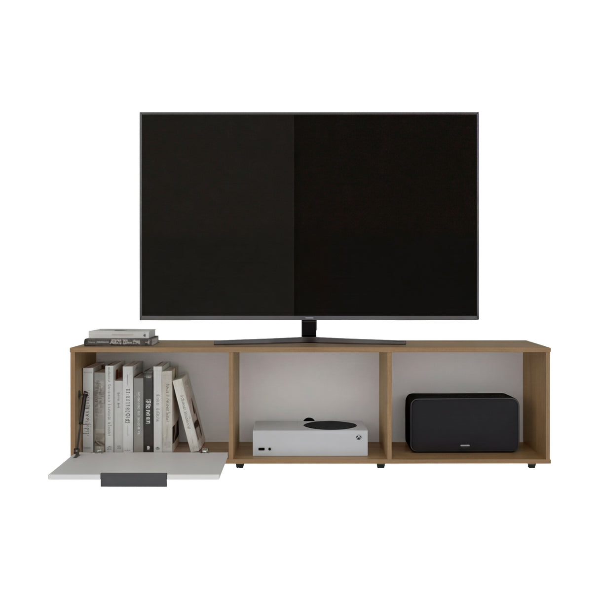 Rack de TV Dorne Fresno Europeo y Blanco 162x41.1cm para TV Hasta 65" Pulgadas con Dos Compartimientos y con Ranura para Cables