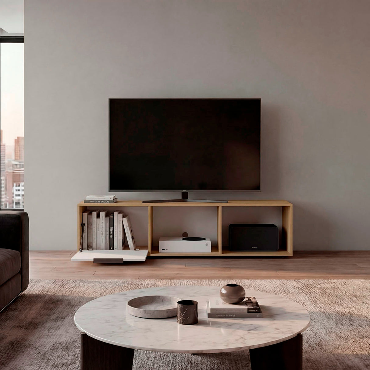 Rack de TV Dorne Fresno Europeo y Blanco 162x41.1cm para TV Hasta 65" Pulgadas con Dos Compartimientos y con Ranura para Cables