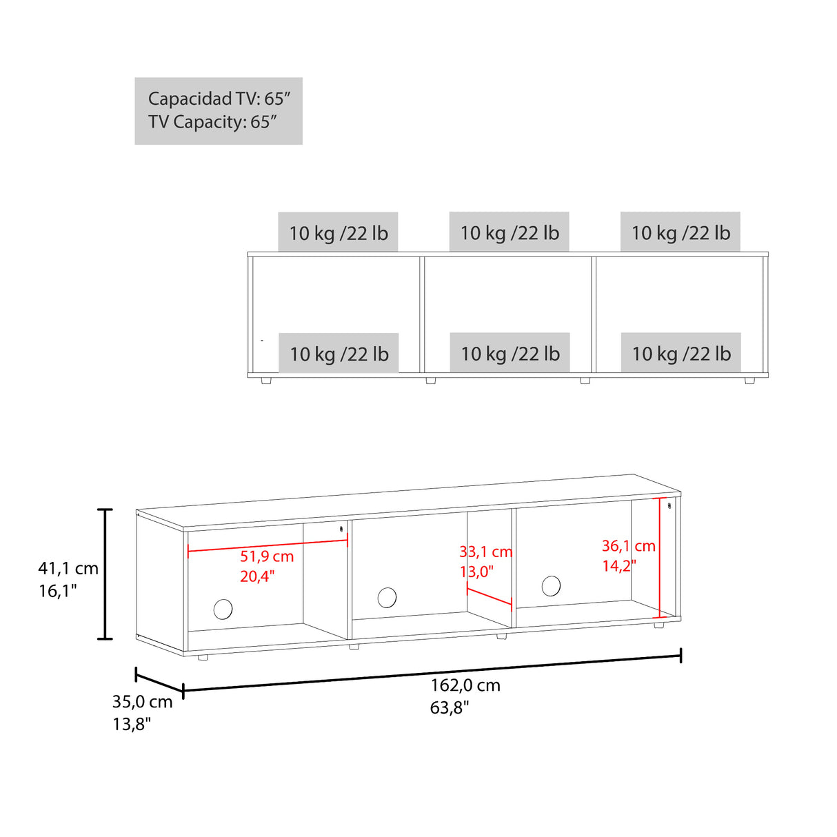 Rack de TV Dorne Fresno Europeo y Blanco 162x41.1cm para TV Hasta 65" Pulgadas con Dos Compartimientos y con Ranura para Cables