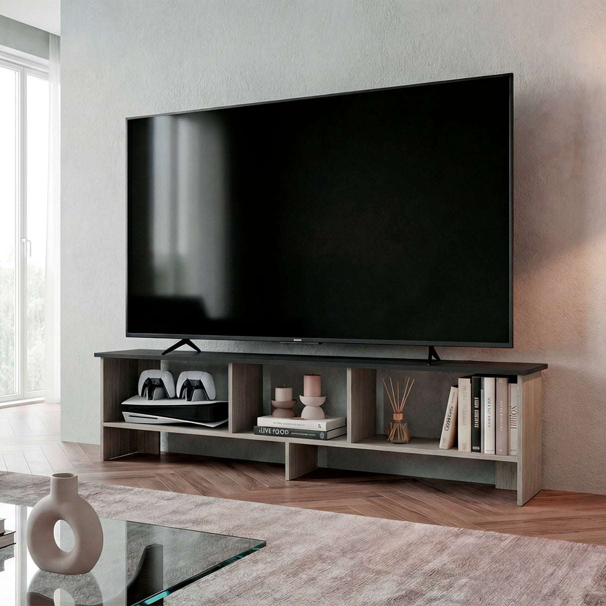 Rack de TV Belga Positano y Wengue 160x41.8cm para TV Hasta 65" Pulgadas con Tres Compartimientos