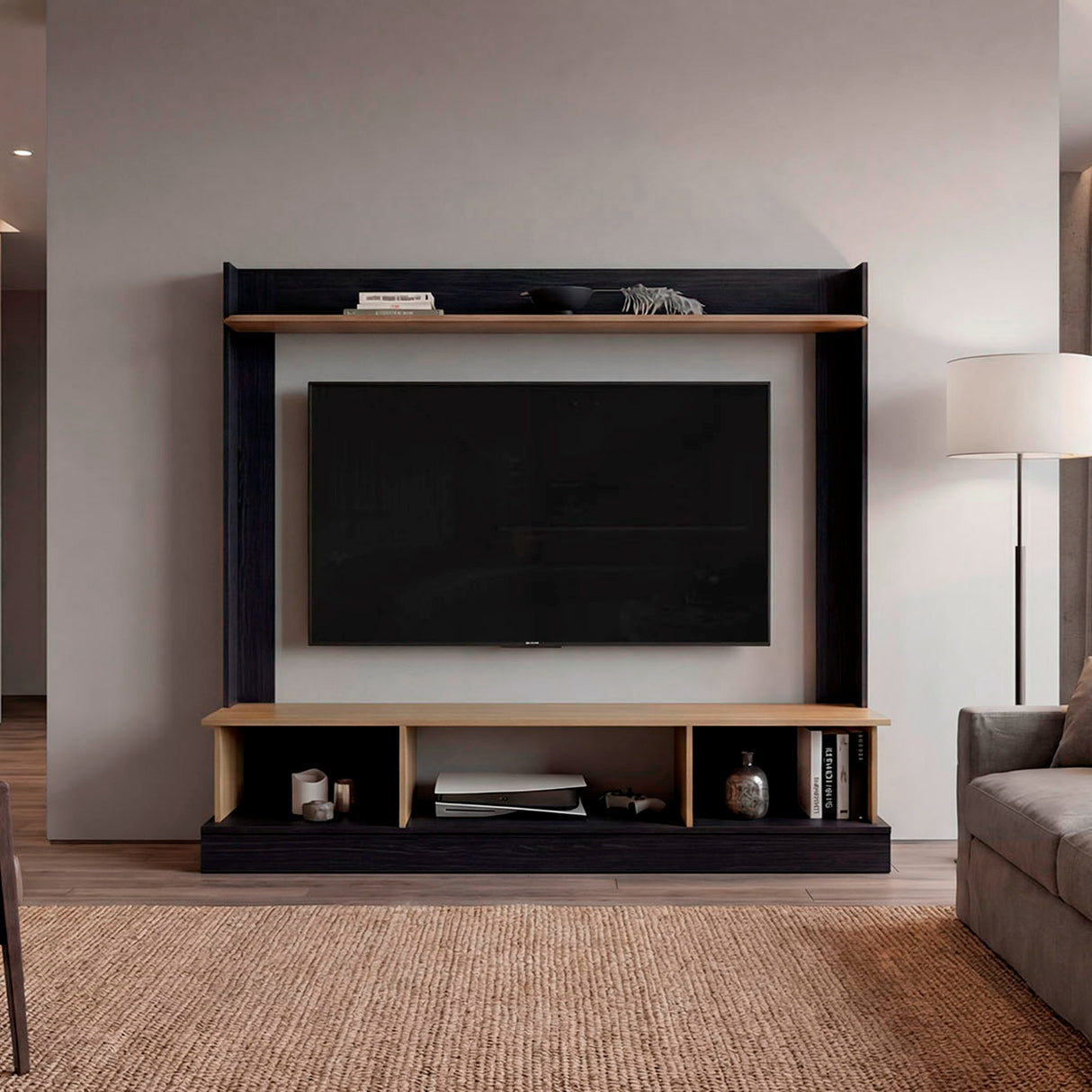 Centro de Entretenimiento Abedul Wengue y Fresno Europeo 168.1x158.5cm para TV Hasta 65" Pulgadas con Tres Compartimientos