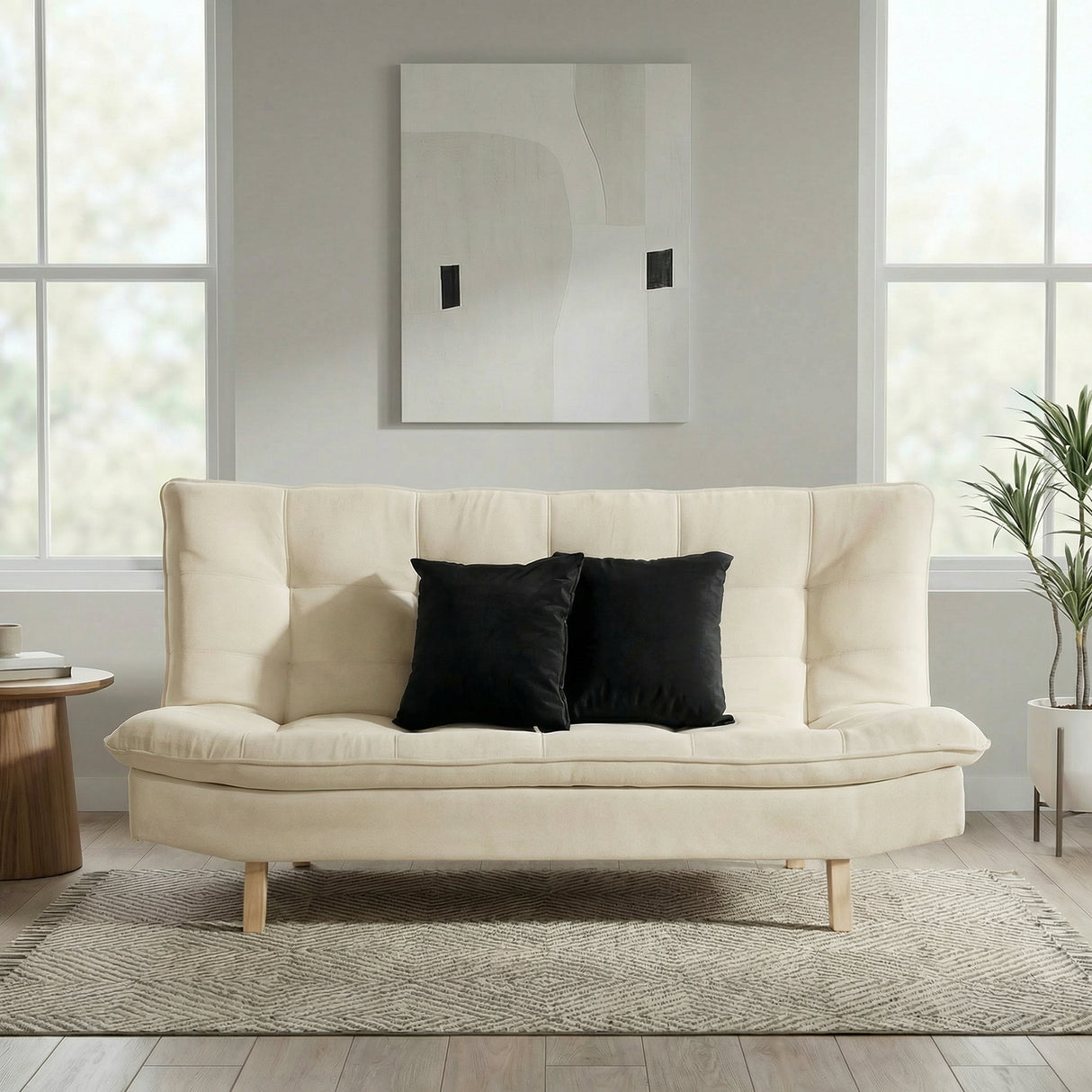 Sofá Cama Bilbao Marfil 120x93cm de Tres Puestos Reclinable Antifluido sin Apoya Brazos y con Dos Cojines Decorativos