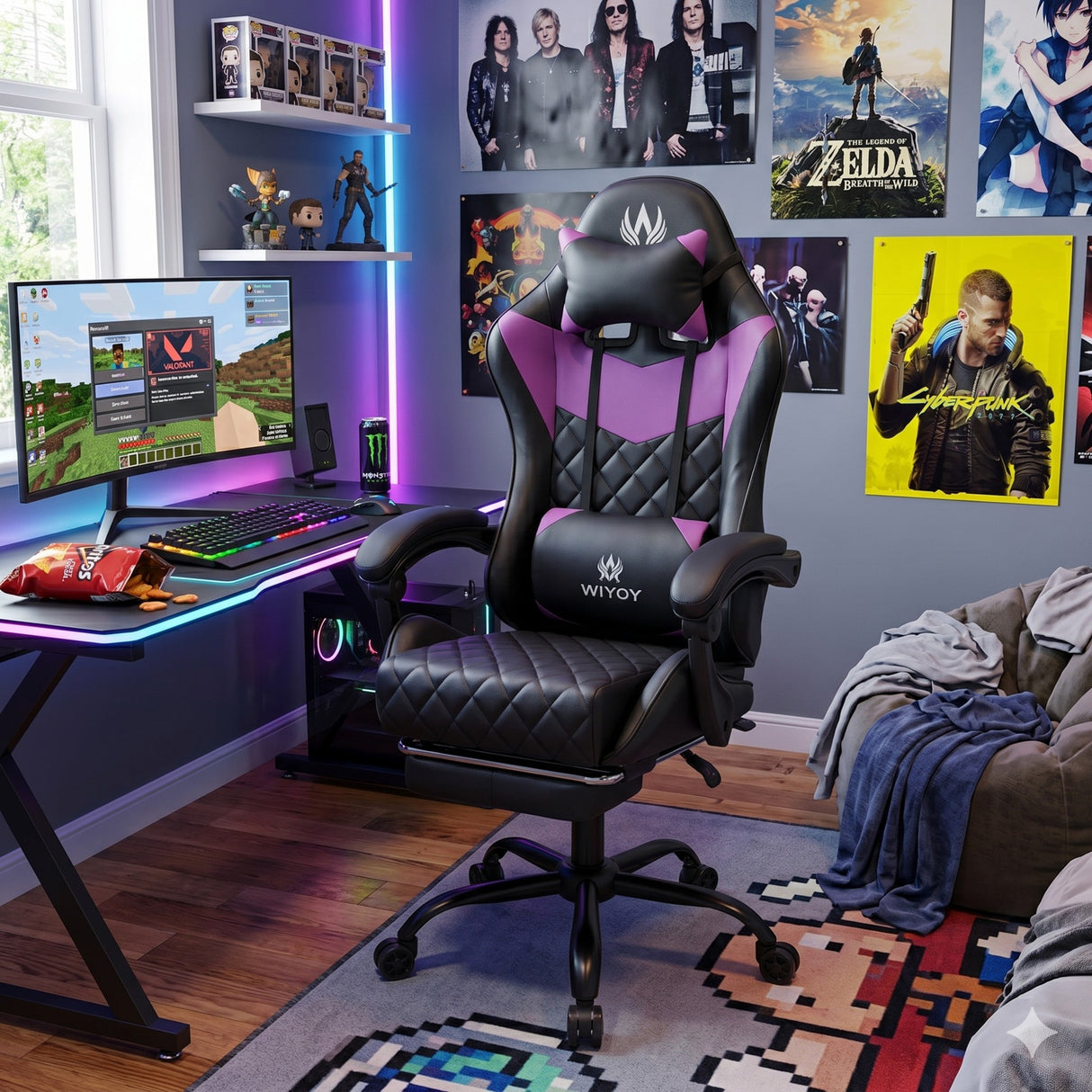 Silla Gamer Sakai Negro y Violeta 62x122cm Ergonómica con Soporte Lumbar Reposapiés y con Apoya Cabezas