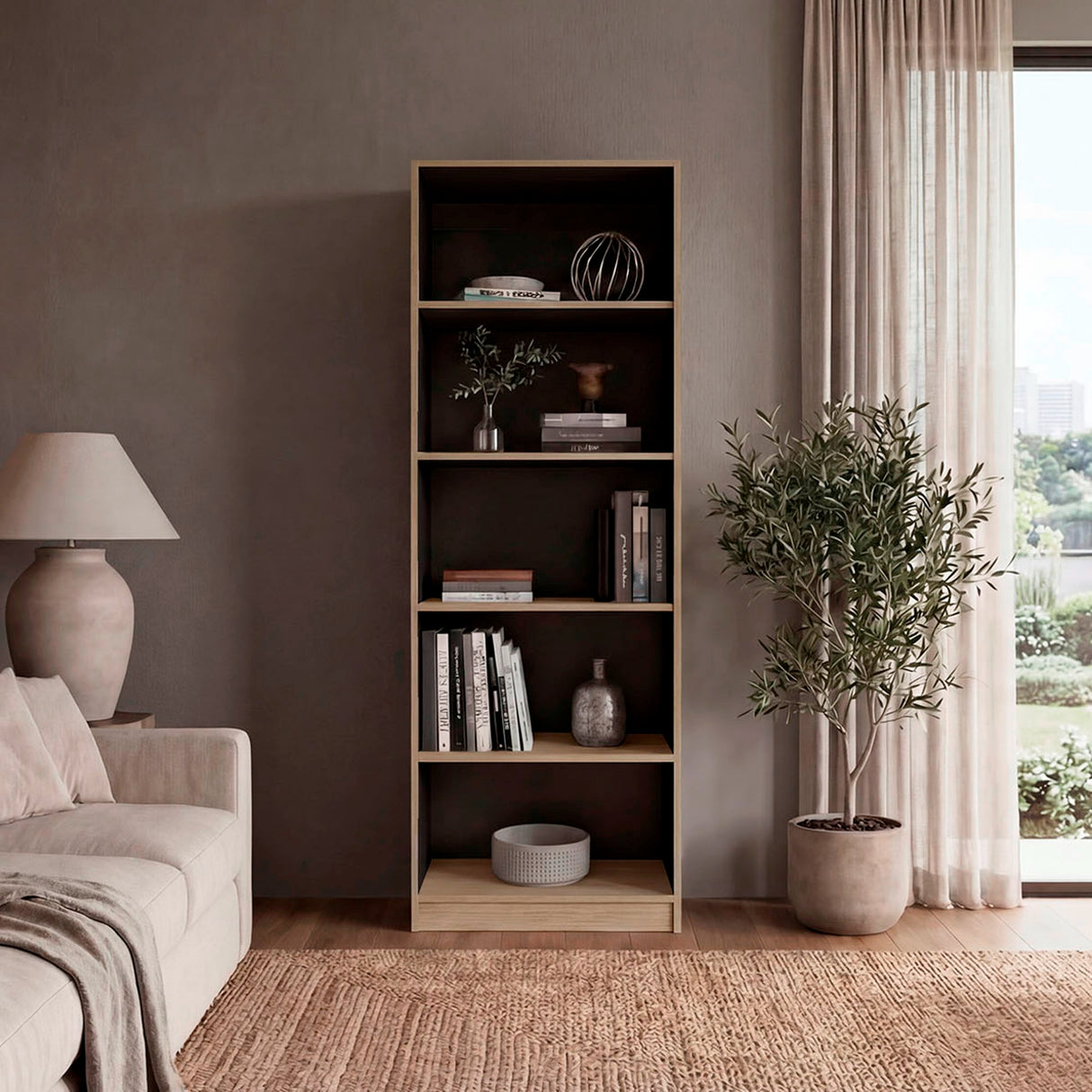 Estantería E-M3 Cartagena y Wengue 62.8x180.6cm con Cinco Compartimientos y con Cuatro Entrepaños