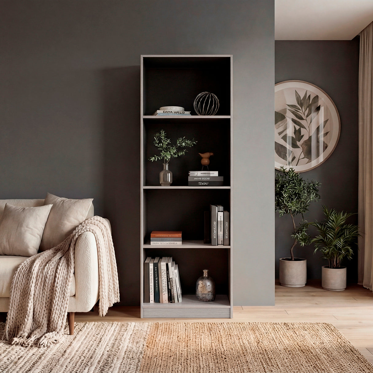 Estantería E-M1 Gris Positano y Wengue 62.8x180.6cm con Cuatro Compartimientos y con Dos Entrepaños