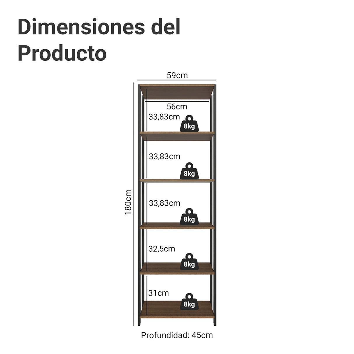 Estantería Marrón y Negro 59x180cm con Cinco Compartimientos y con Cinco Entrepaños de Resistencia 8 KG cada uno