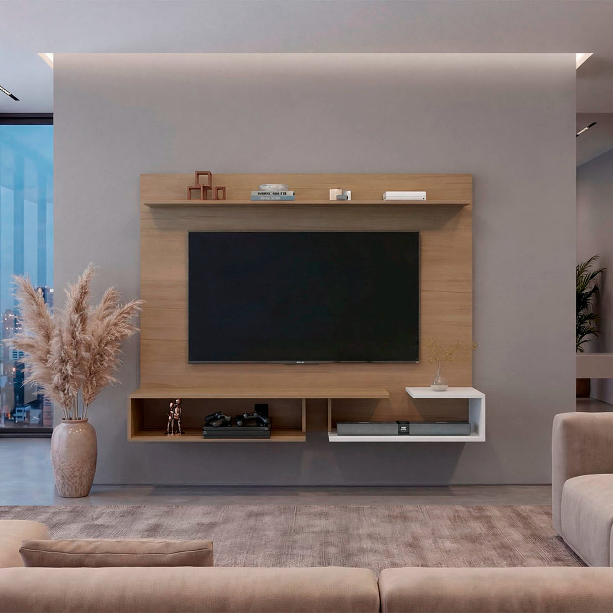 Panel de TV Desa Fresno y Blanco 164.2x128cm Flotante para TV Hasta 65" Pulgadas con Dos Compartimientos