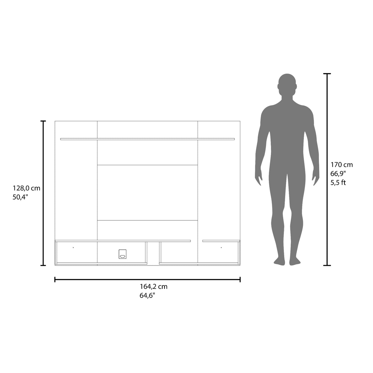Panel de TV Desa Fresno y Blanco 164.2x128cm Flotante para TV Hasta 65" Pulgadas con Dos Compartimientos