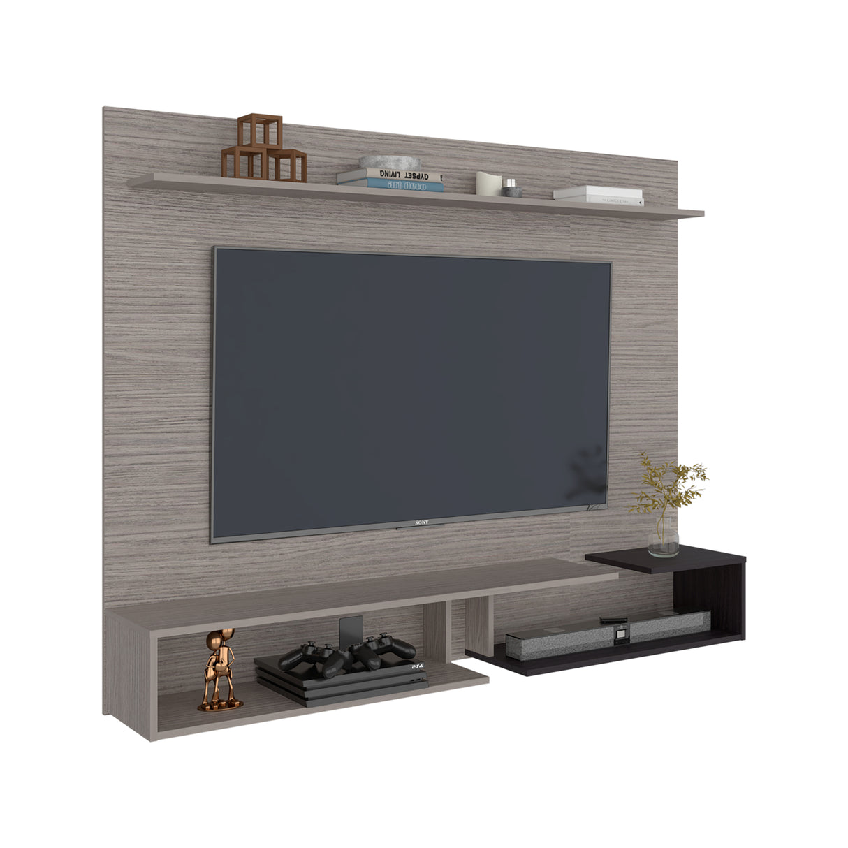 Panel de TV Desa Gris Positano y Wengue 164.2x128cm Flotante para TV Hasta 65" Pulgadas con Dos Compartimientos