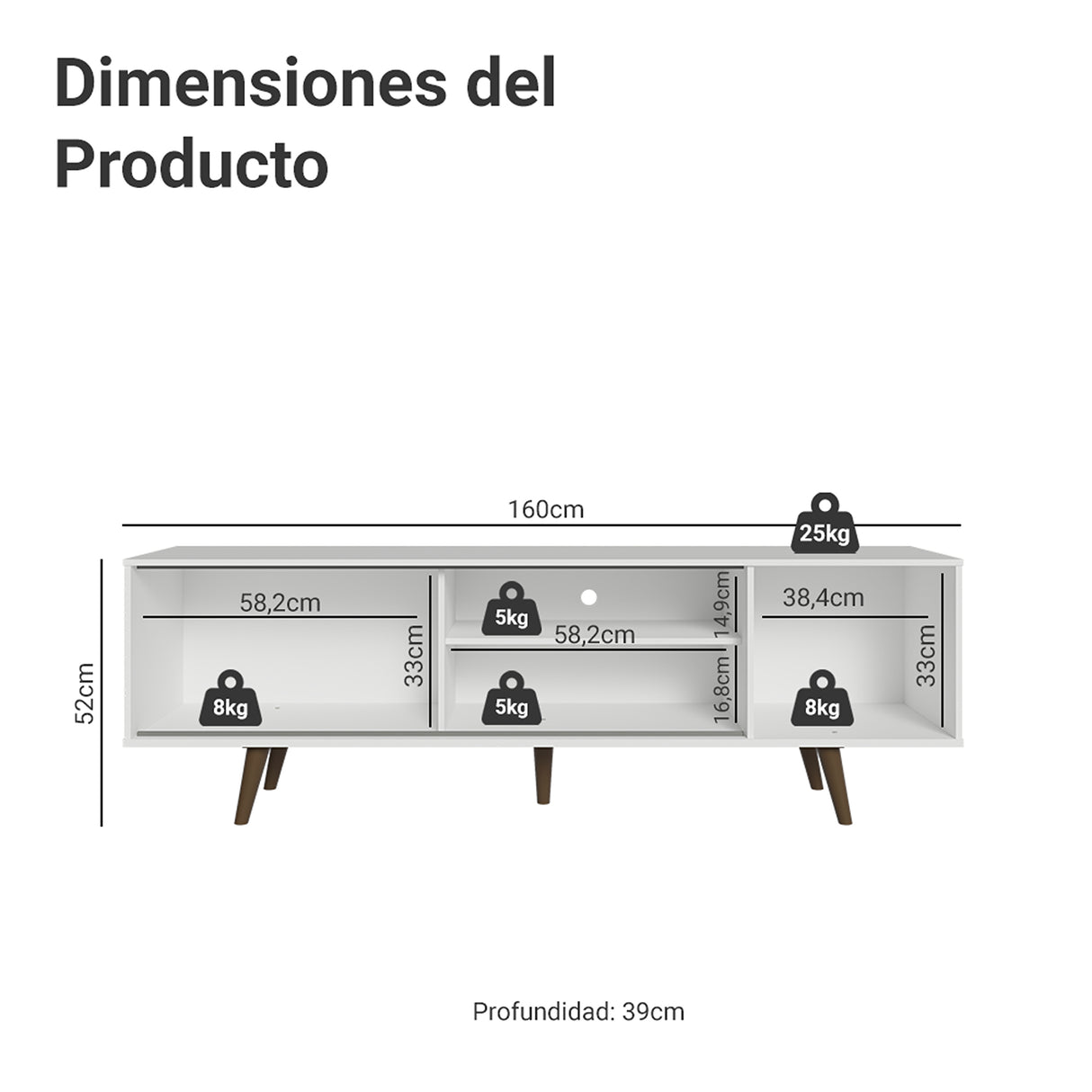 Centro de Entretenimiento Dubai Blanco 160x53cm para TV Hasta 65" Pulgadas con Cuatro Compartimientos y con Patas Marrón