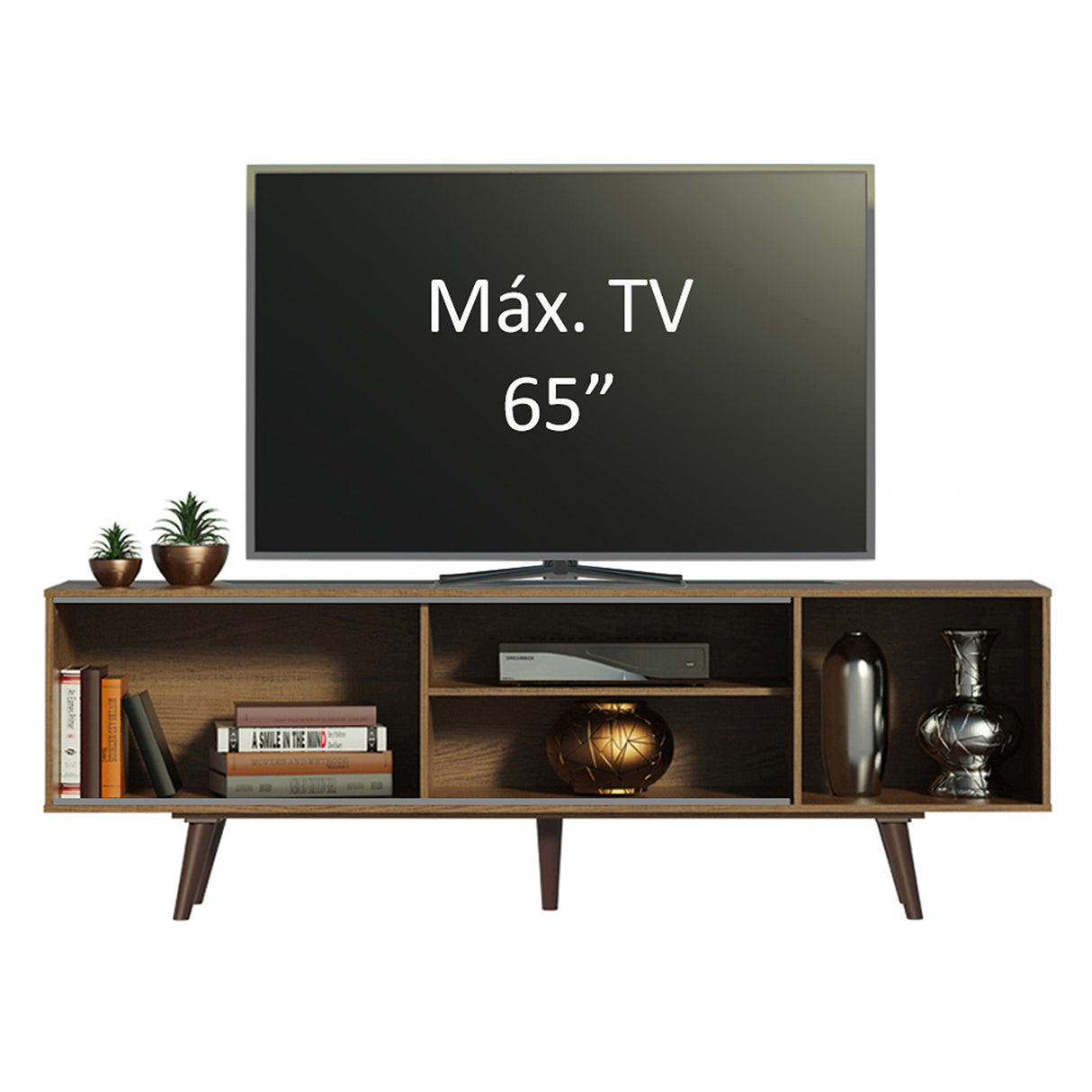 Centro de Entretenimiento Dubai Marrón 160x53cm para TV Hasta 65" Pulgadas con Cuatro Compartimientos