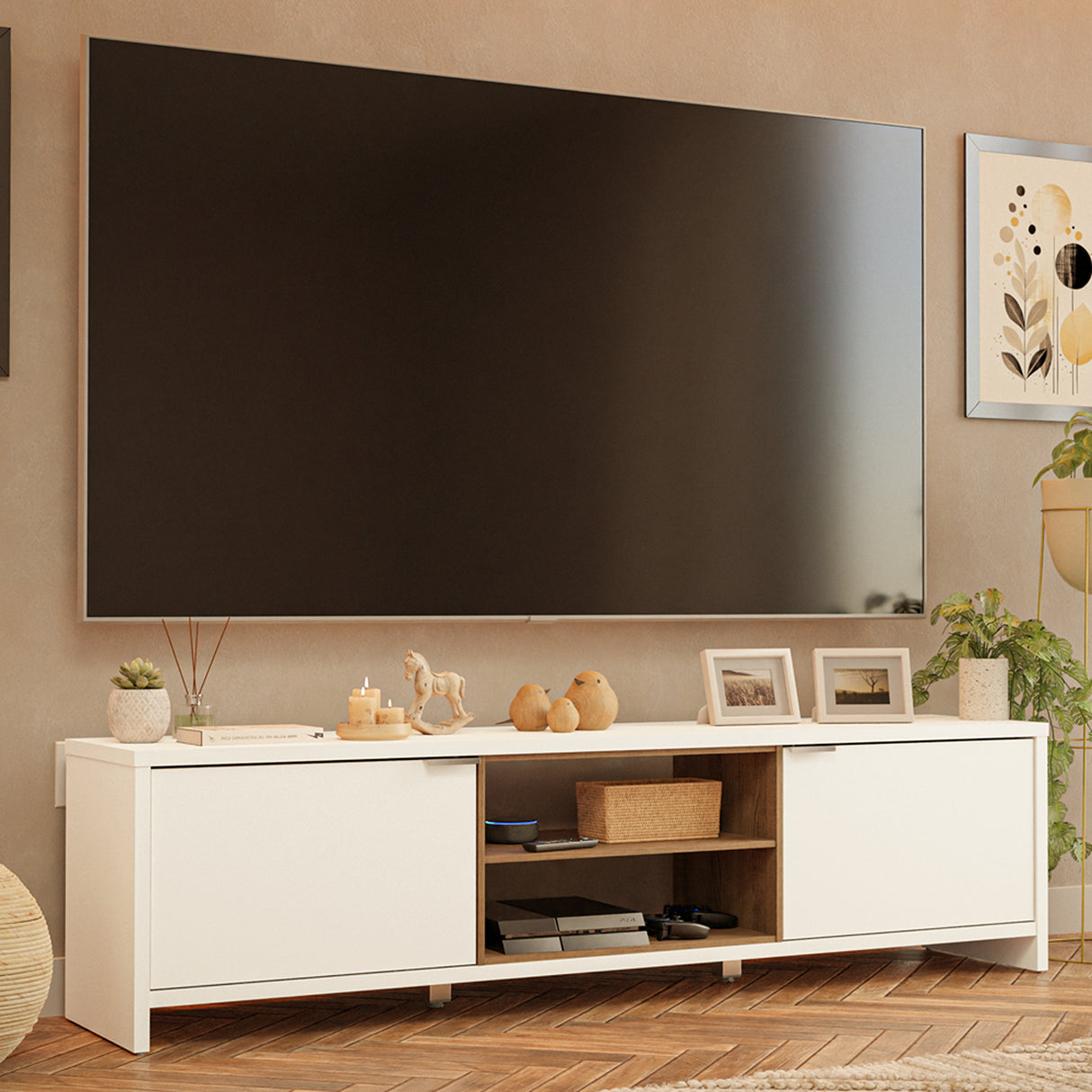 Centro de Entretenimiento Linz Blanco y Marrón 180x48cm para TV Hasta 80" Pulgadas con Cuatro Compartimientos