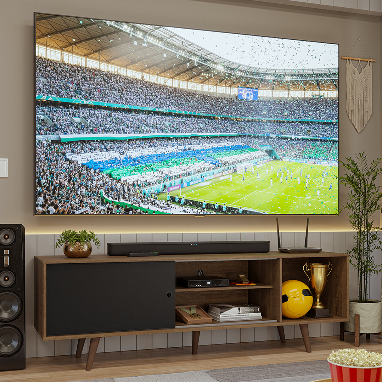Centro de Entretenimiento Torino Marrón y Negro 160x53cm para TV Hasta 65" Pulgadas con Cuatro Compartimientos