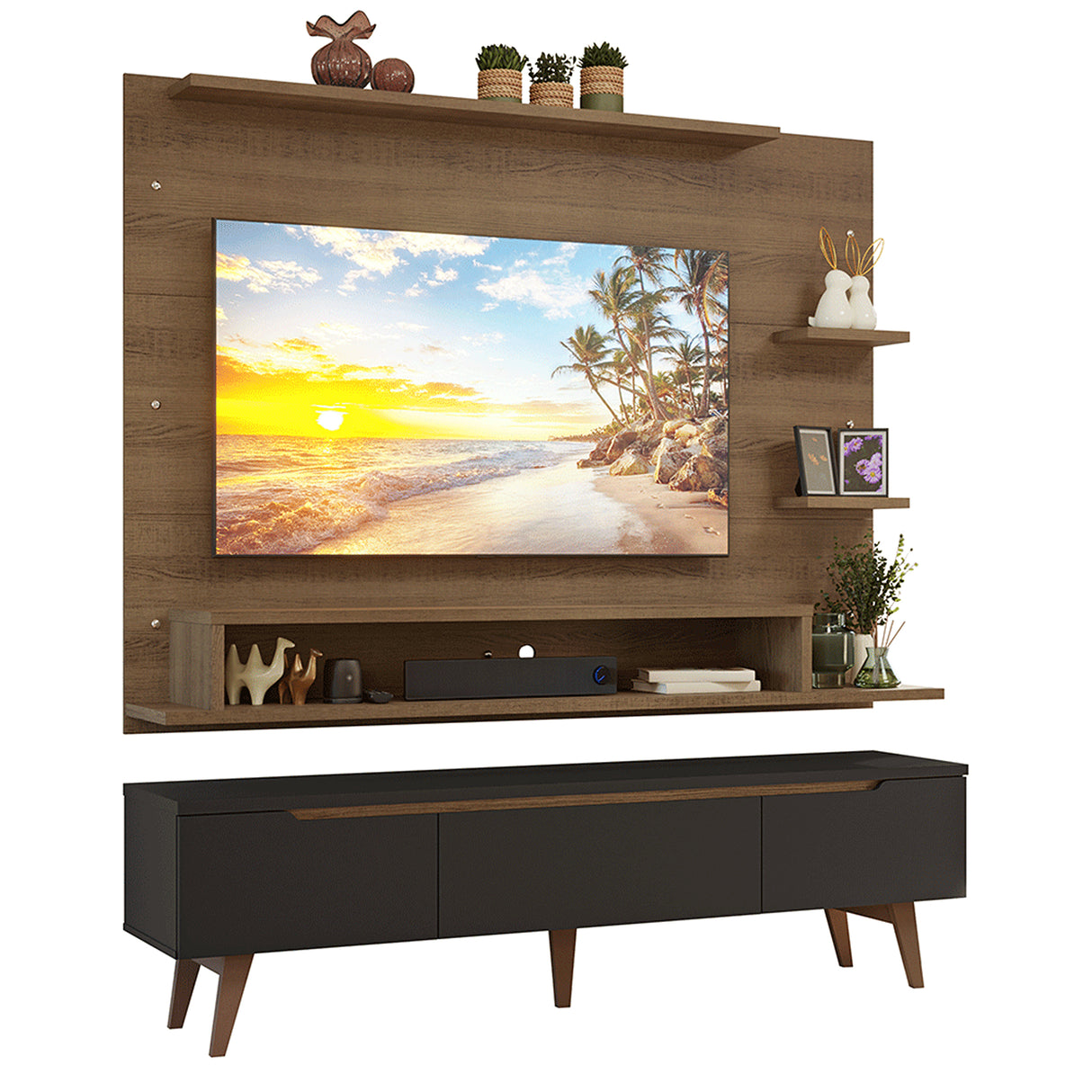 Centro de Entretenimiento Reims Marrón y Negro 180x50cm para TV Hasta 60" Pulgadas con Seis Compartimientos