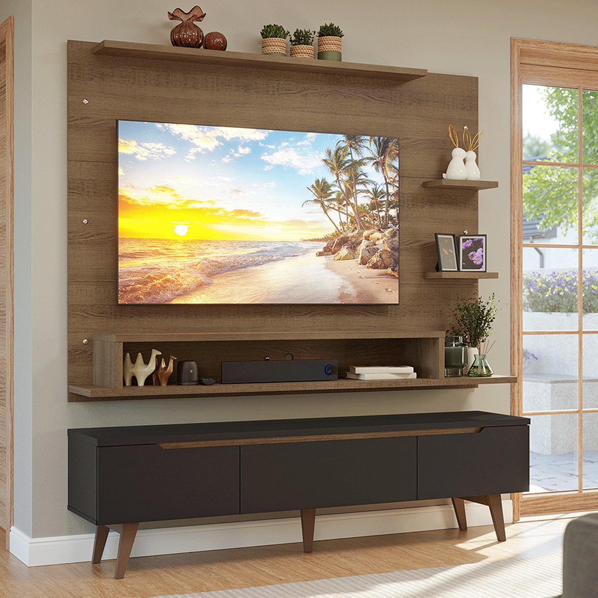 Centro de Entretenimiento Reims Marrón y Negro 180x50cm para TV Hasta 60" Pulgadas con Seis Compartimientos