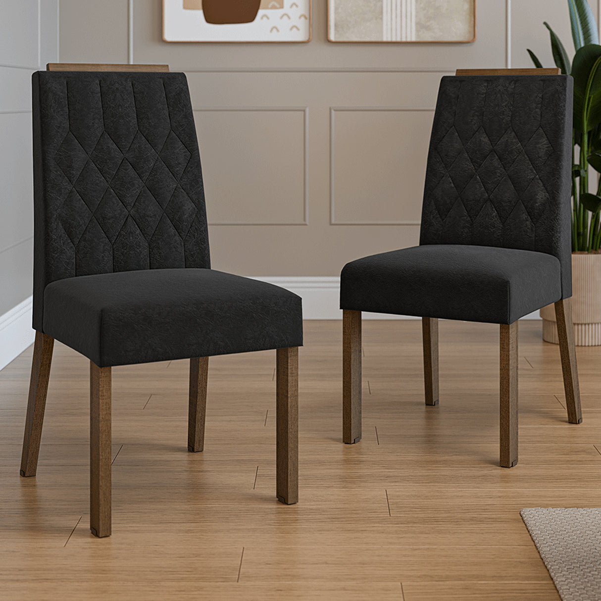 Kit x 2 Sillas para Comedor Marrón y Negro 45x96cm de Asiento Cuadrado con Espaldar de Rombos