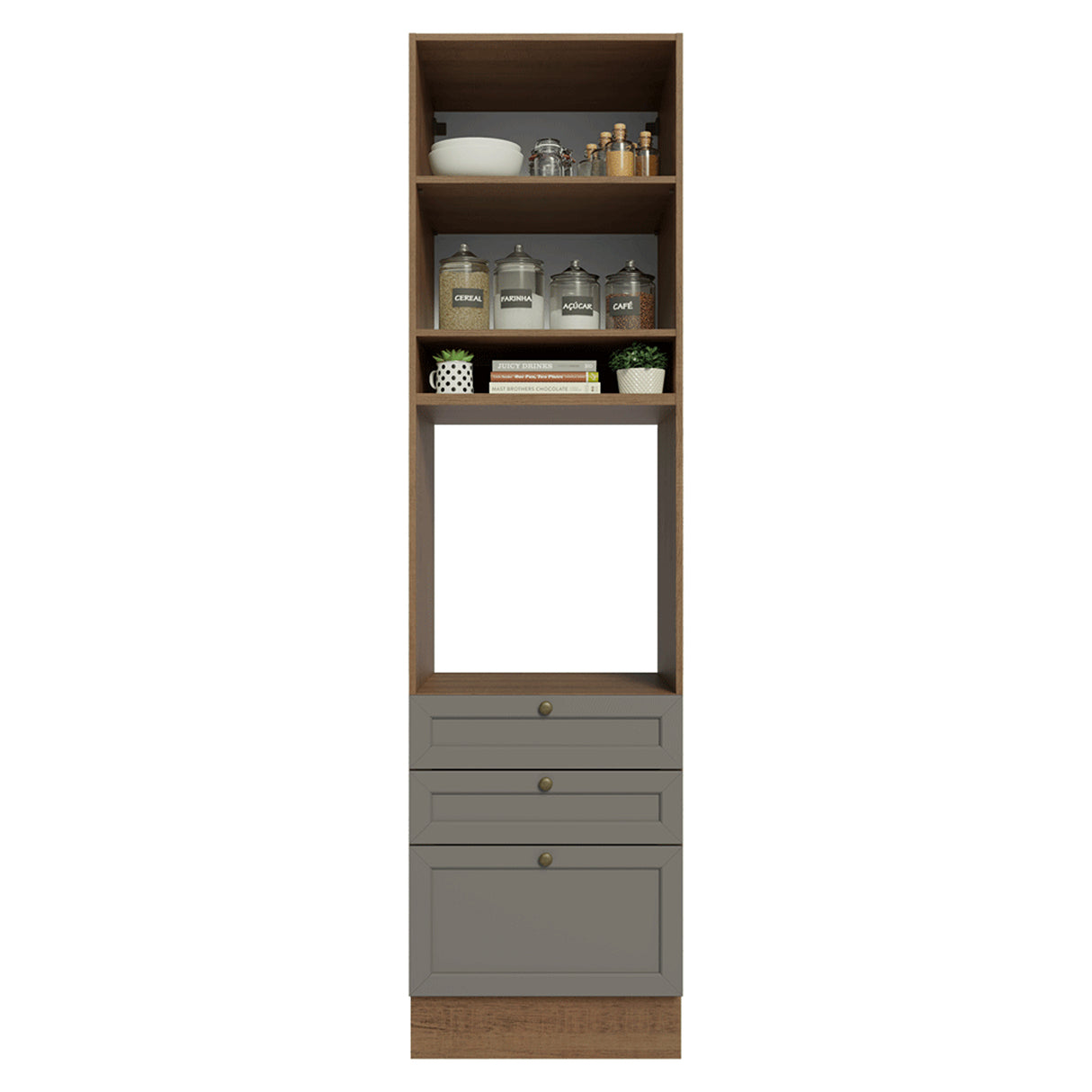 Módulo Para Microondas Vik Marrón y Gris 60x225cm con Una Puerta y con Tres Cajones