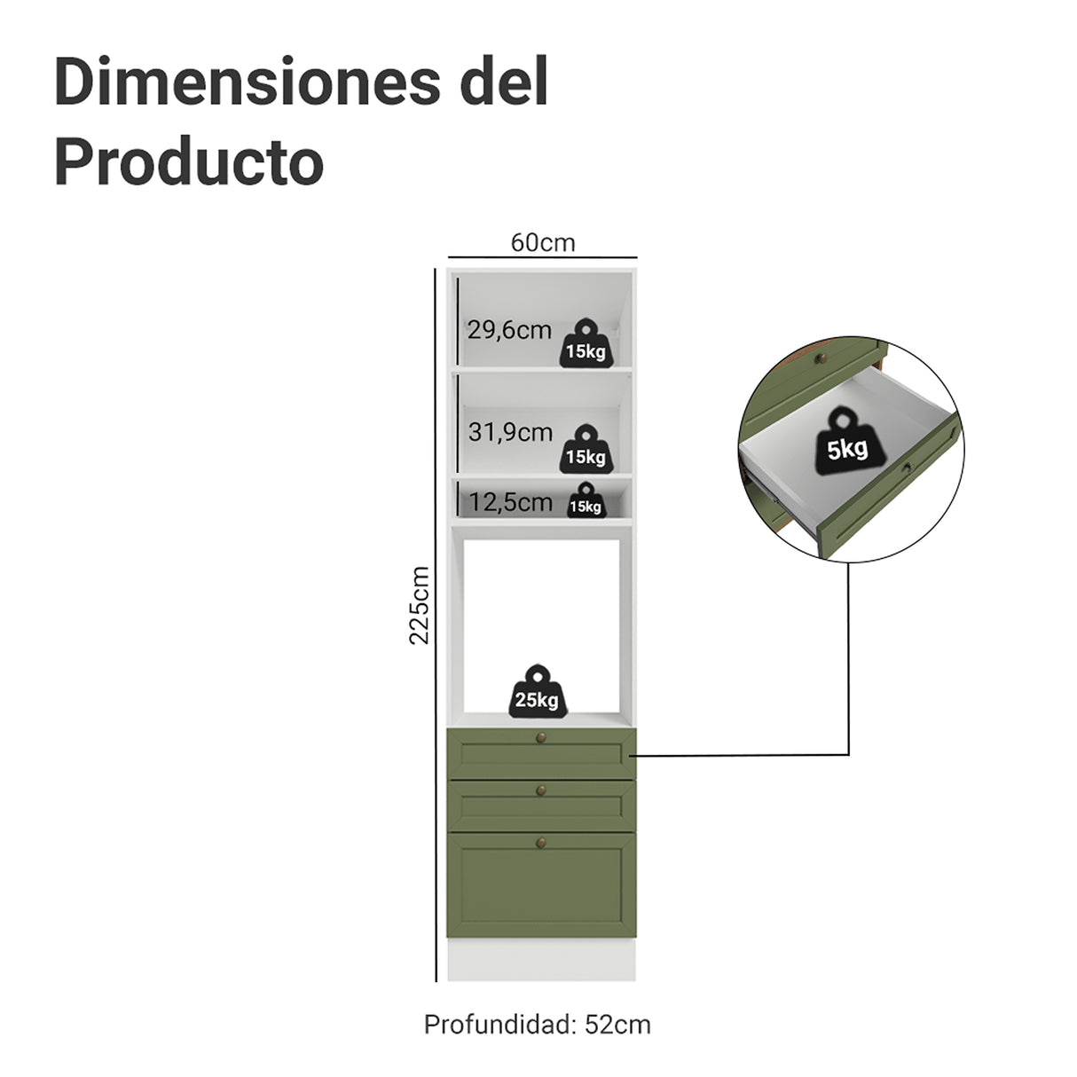 Módulo Para Microondas Vik Blanco y Verde 60x225cm con Una Puerta y con Tres Cajones