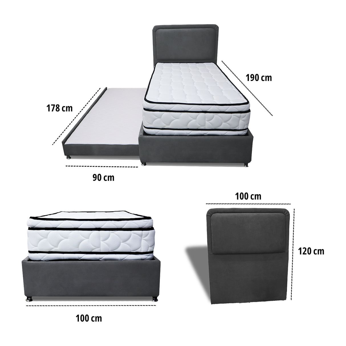 Combo Cama Tarima Nido y Cabecero Nube Gris Oscuro 100x35cm para Colchón Sencillo 100 X 190 Cm con Colchón