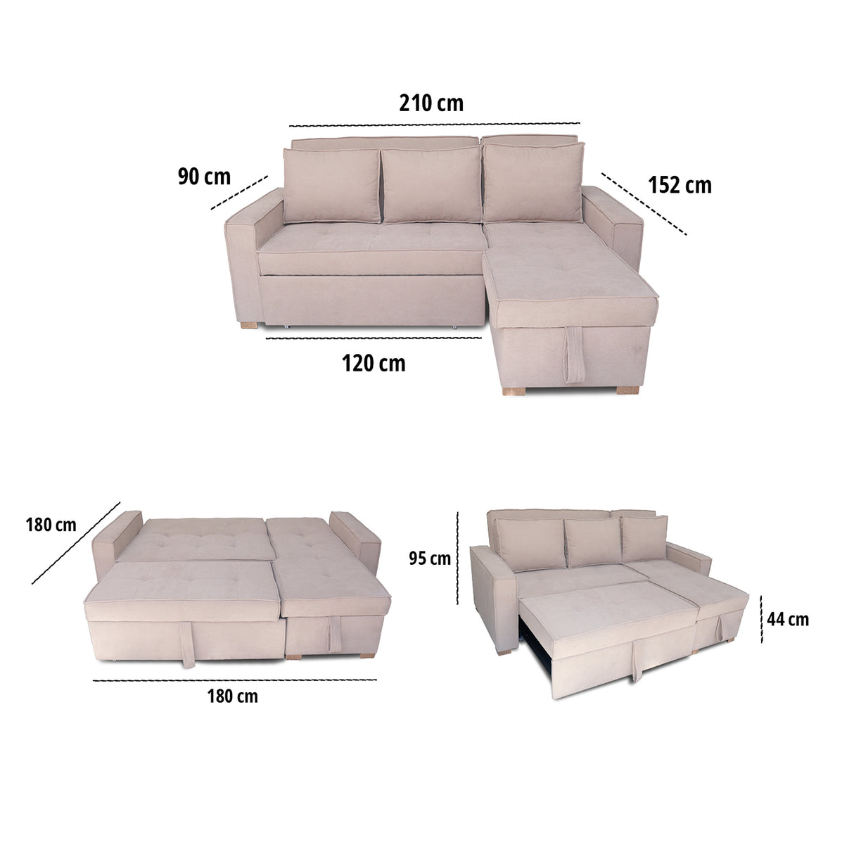 Sofá Cama Esquinero Marsella Beige 210x95cm de Cinco Puestos Reclinable con Apoya Brazos