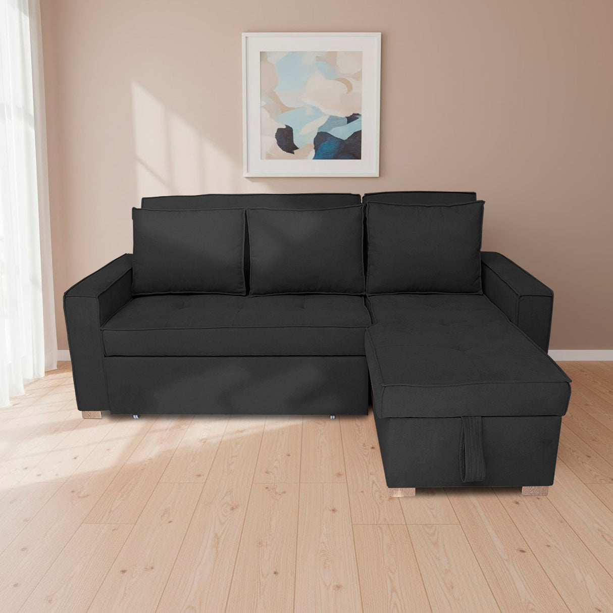 Sofá Cama Esquinero Marsella Negro 210x95cm de Cinco Puestos Reclinable con Apoya Brazos