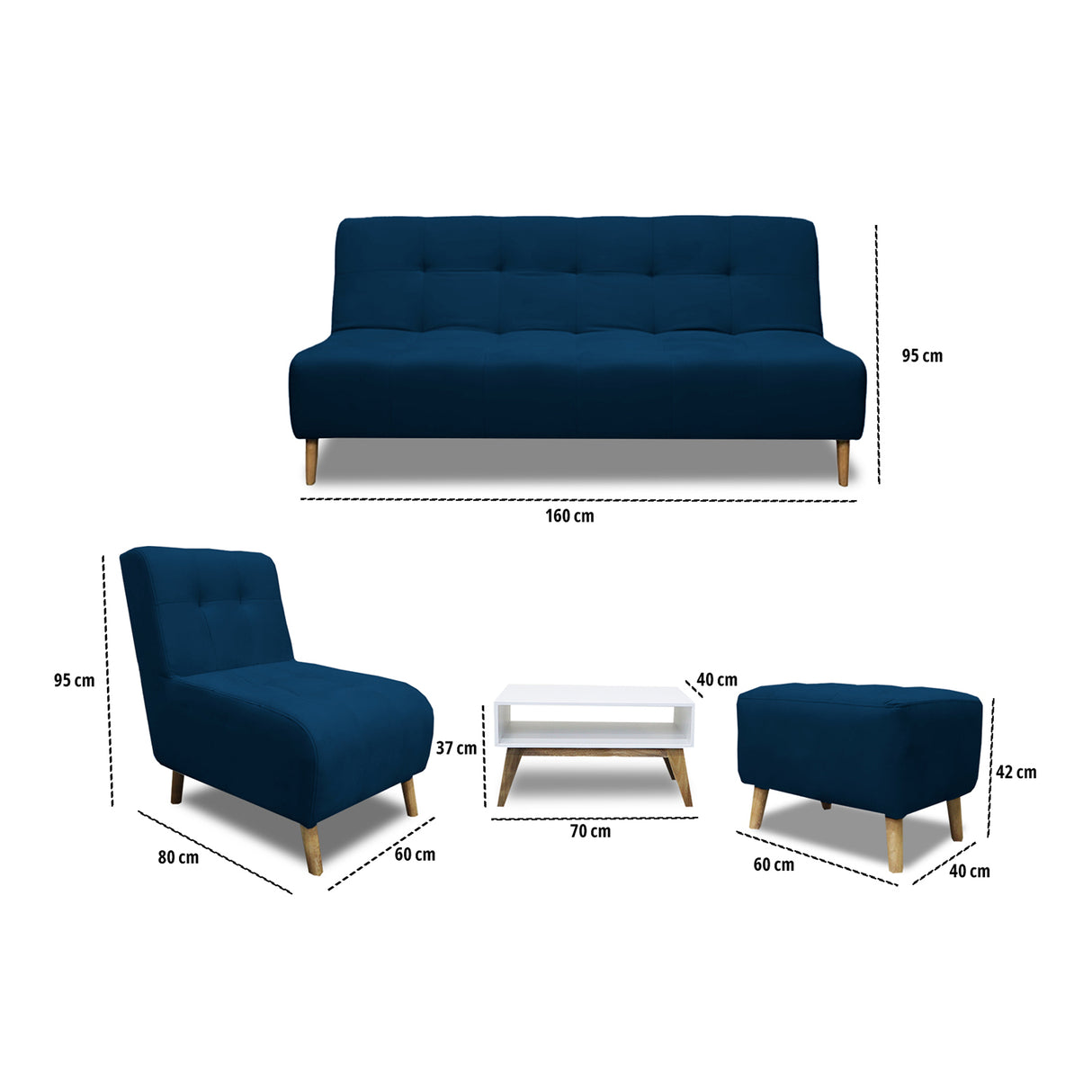 Sala Milan Azul 160x95cm de Cinco Puestos sin Apoya Brazos