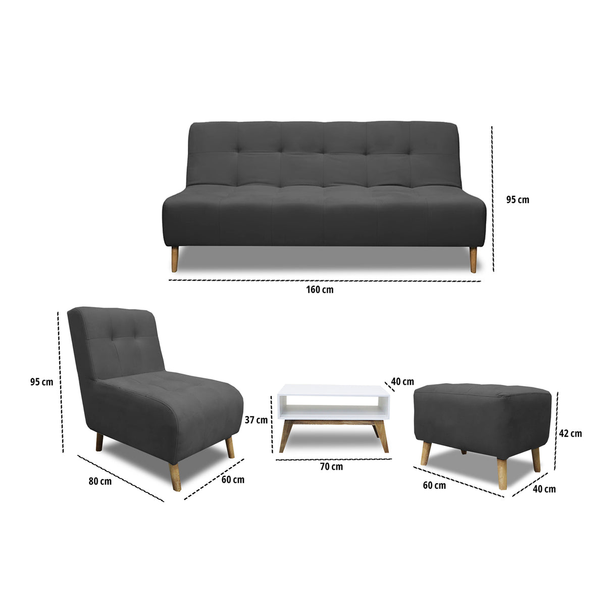 Sala Milan Gris Oscuro 160x95cm de Cinco Puestos sin Apoya Brazos