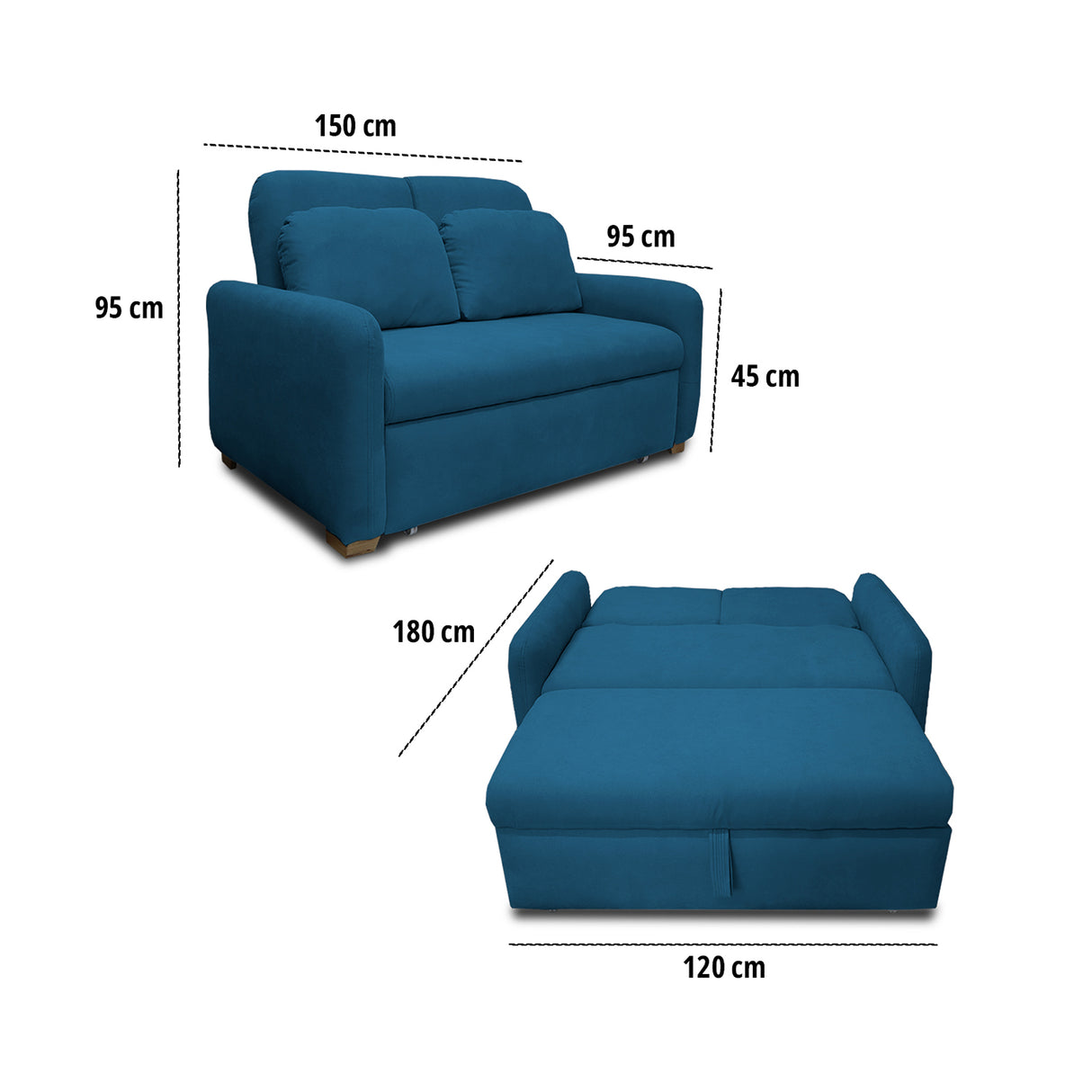 Sofacama Nube Azul Petróleo 120x95cm de Dos Puestos Reclinable con Apoya Brazos