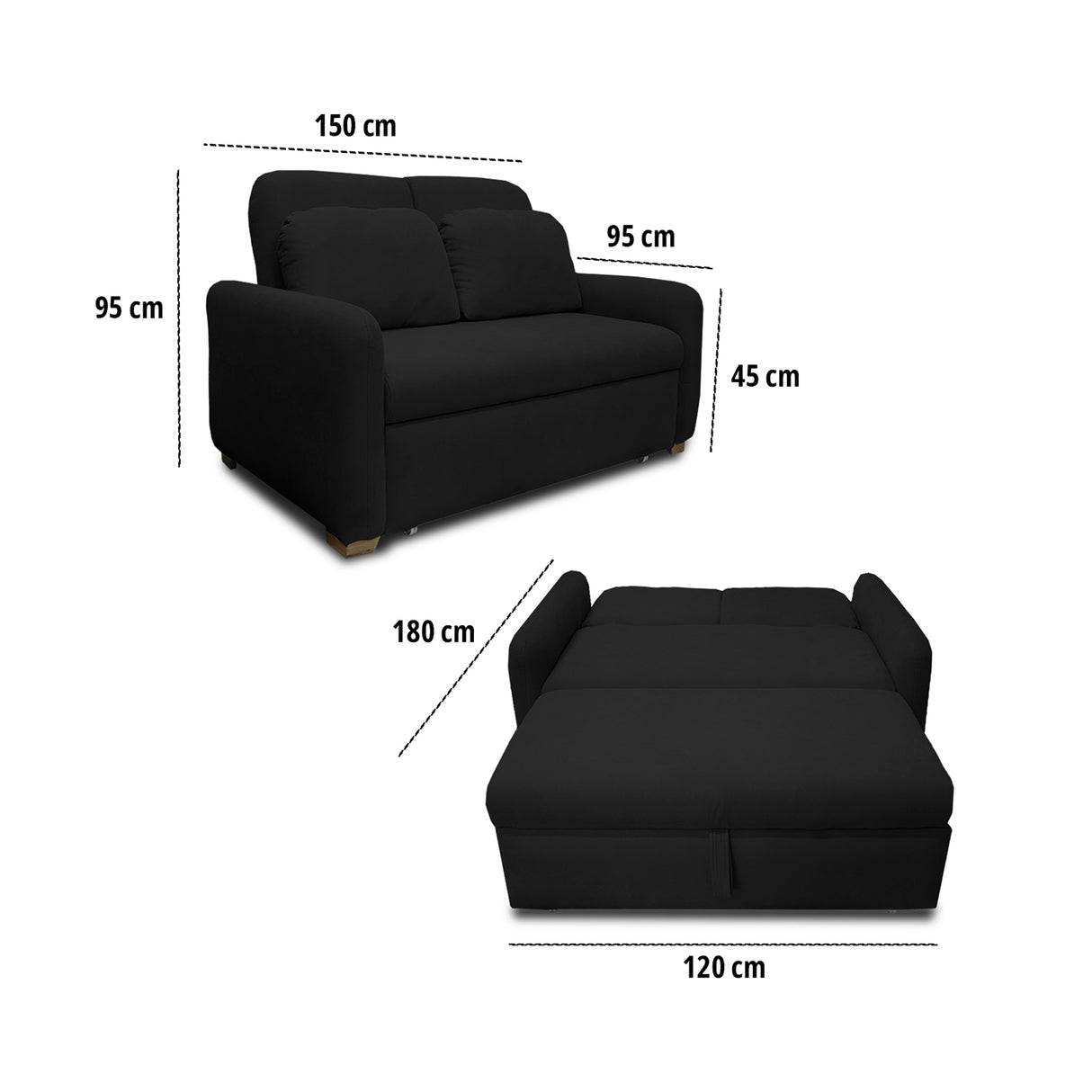 Sofacama Nube Negro 120x95cm de Dos Puestos Reclinable con Apoya Brazos
