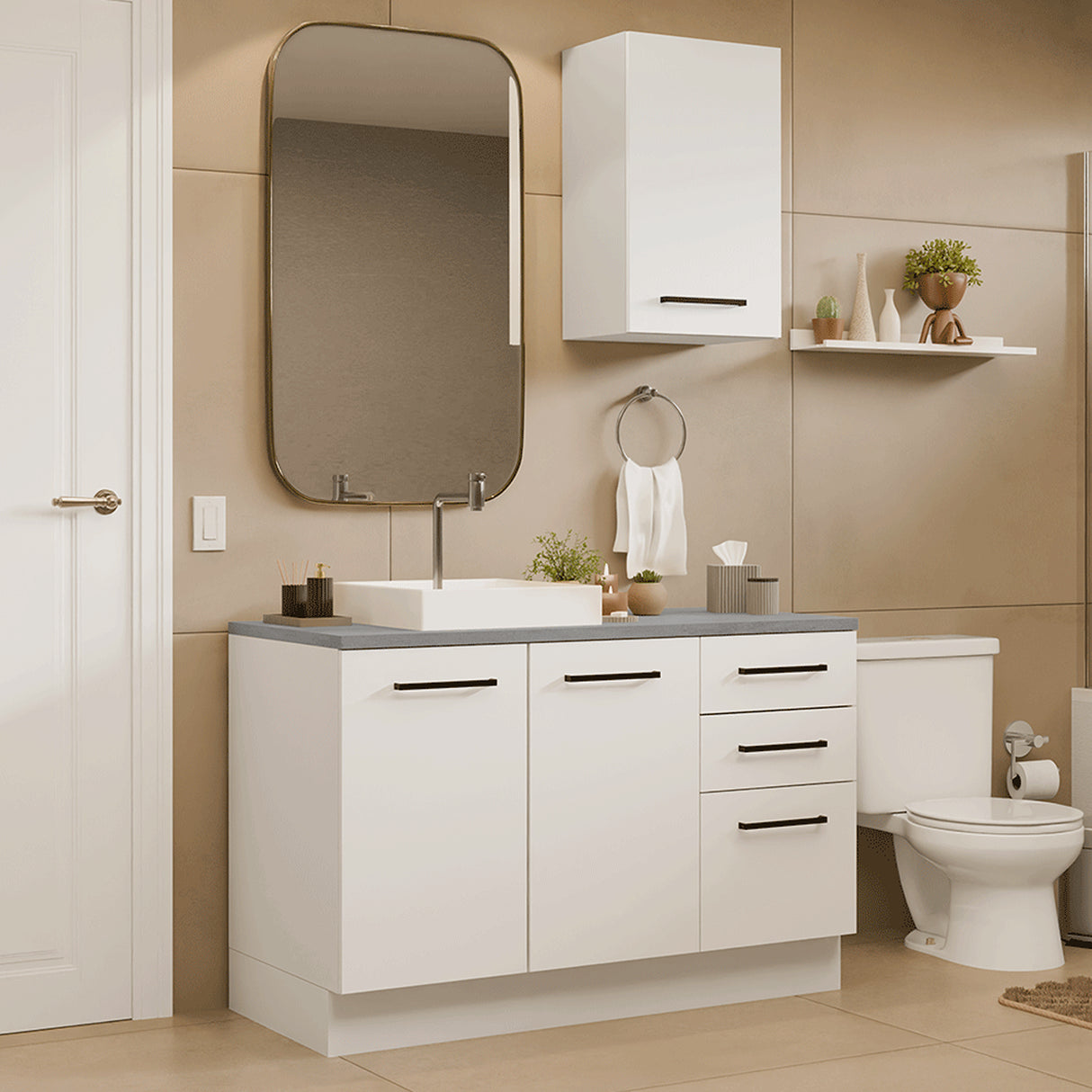 Mueble para Baño Agata Blanco 120x225cm Individual sin Lavamanos con Tres Cajones y Tres Puertas