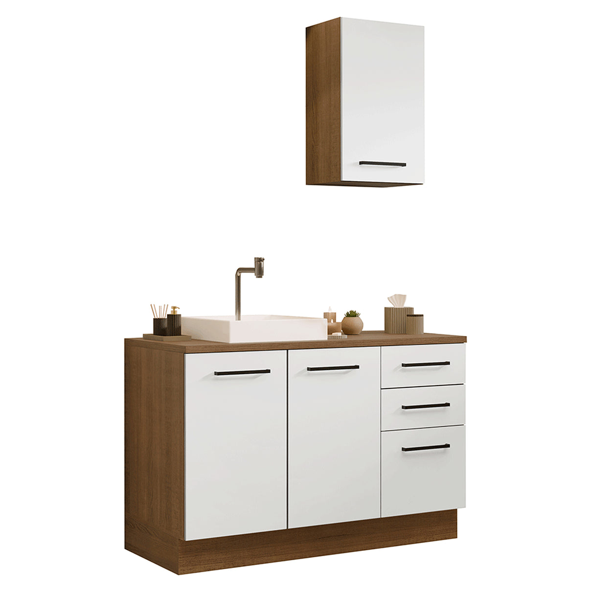 Mueble para Baño Agata Marrón y Blanco 120x225cm Individual sin Lavamanos con Tres Cajones y Tres Puertas
