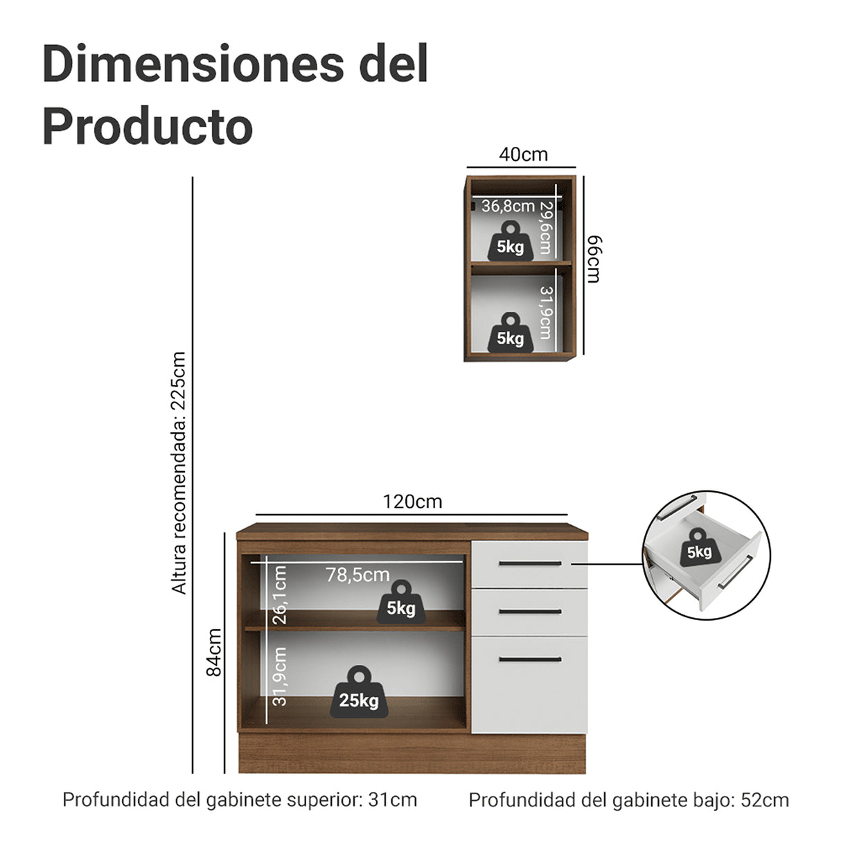 Mueble para Baño Agata Marrón y Blanco 120x225cm Individual sin Lavamanos con Tres Cajones y Tres Puertas