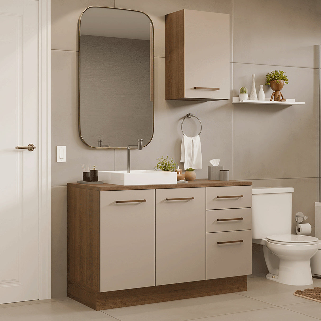 Mueble para Baño Agata Marrón y Crema 120x225cm Individual sin Lavamanos con Tres Cajones y Tres Puertas