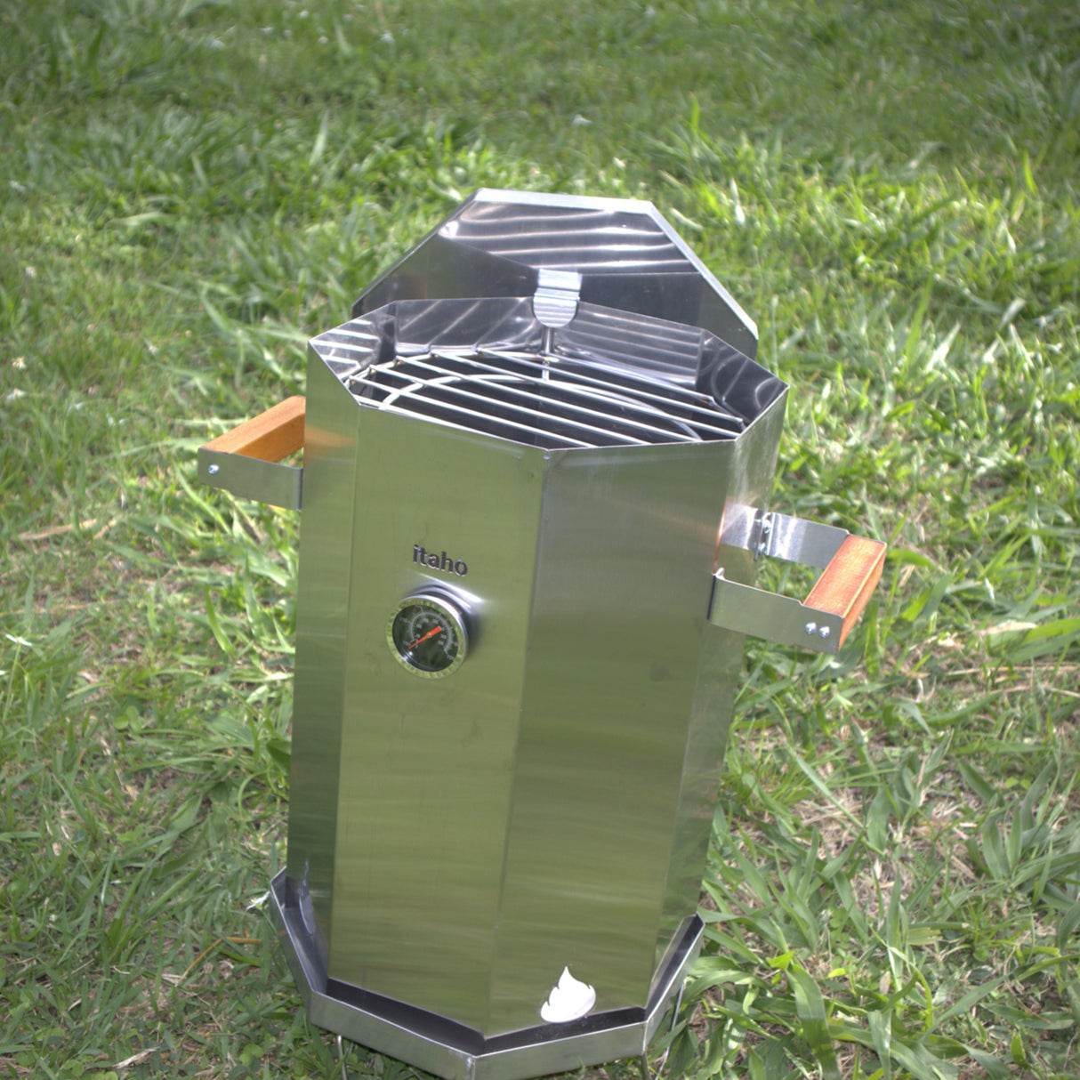 Barril Asador Octagonal Plateado 37x57cm de 10 Libras con Termómetro y Control de Ventilación