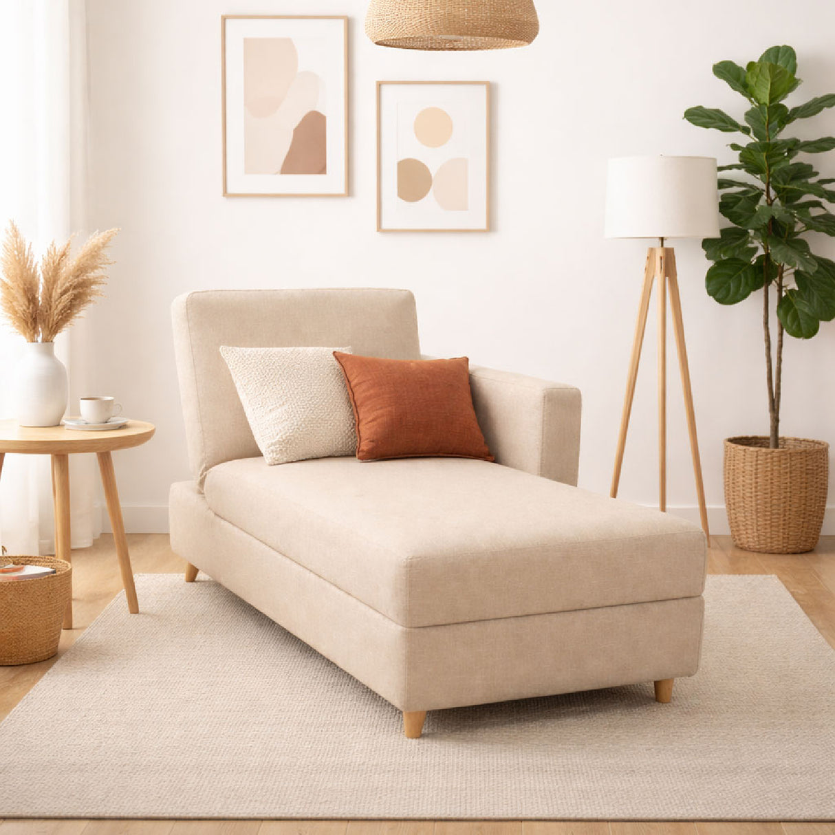 Sofá Cama Baúl Beige 143x45cm de Un Puesto Reclinable sin Appoya Brazos