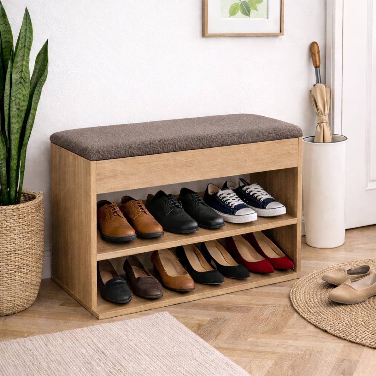 Zapatero Moca yFresno 60x43cm Horizontal de Dos Niveles con Asiento Integrado y para Seis Pares