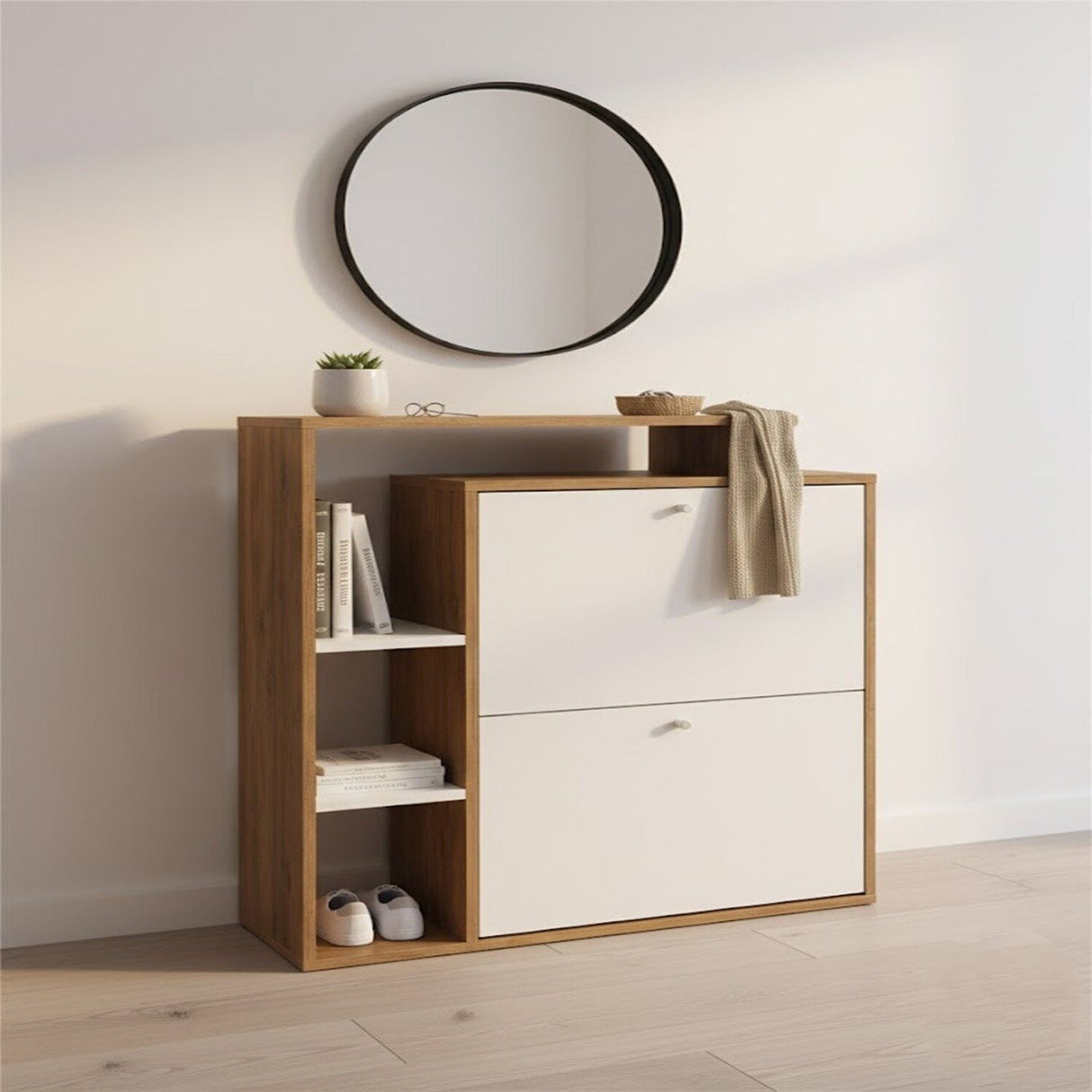 Zapatero Jenny Blanco yMadera 80x90cm Horizontal de Dos Niveles y para Ocho Pares