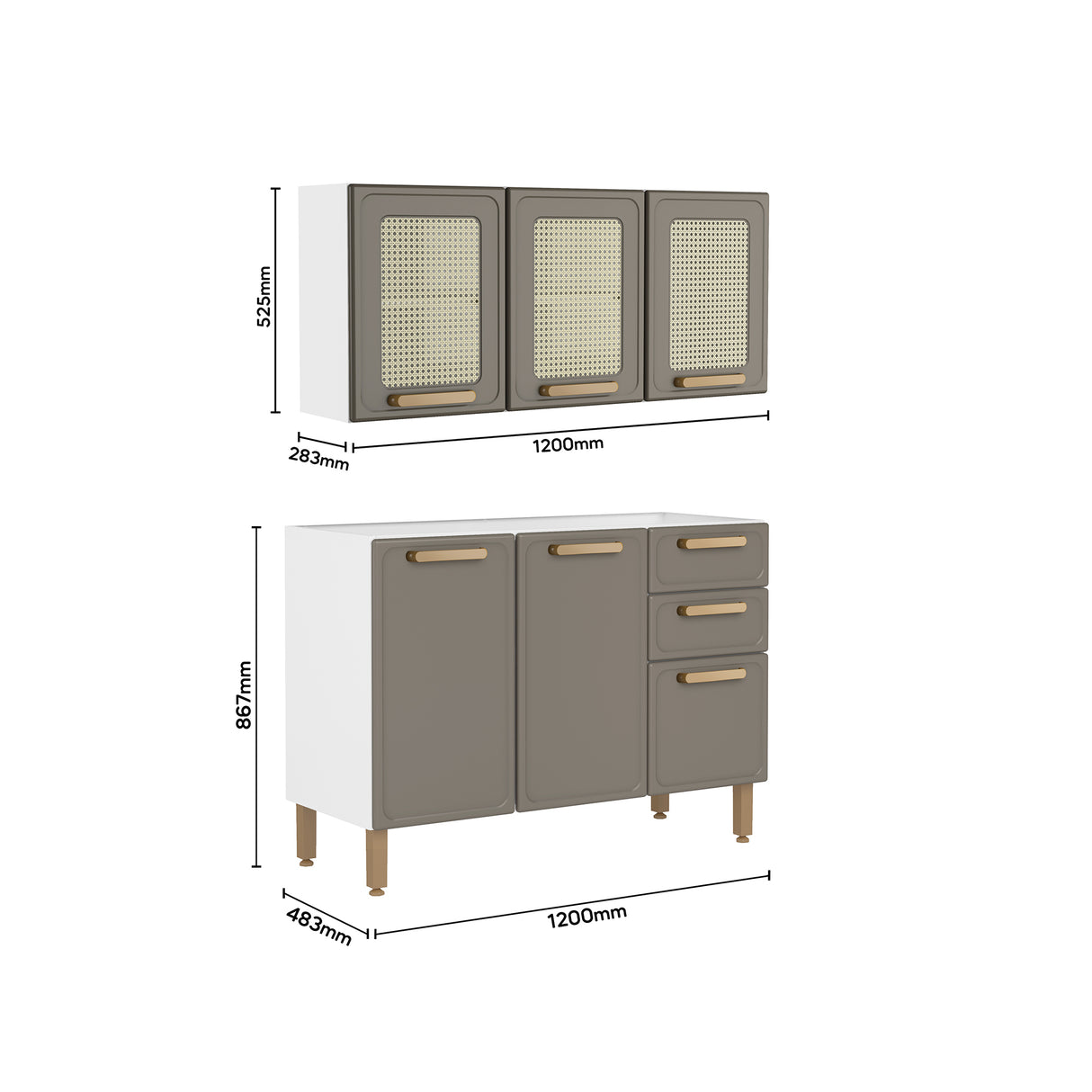Cocina Integral Bella Cemento 120x138cm con Mesón de Acero Inoxidable de Pozuelo Centro sin Estufa y con Puerta de Rattan