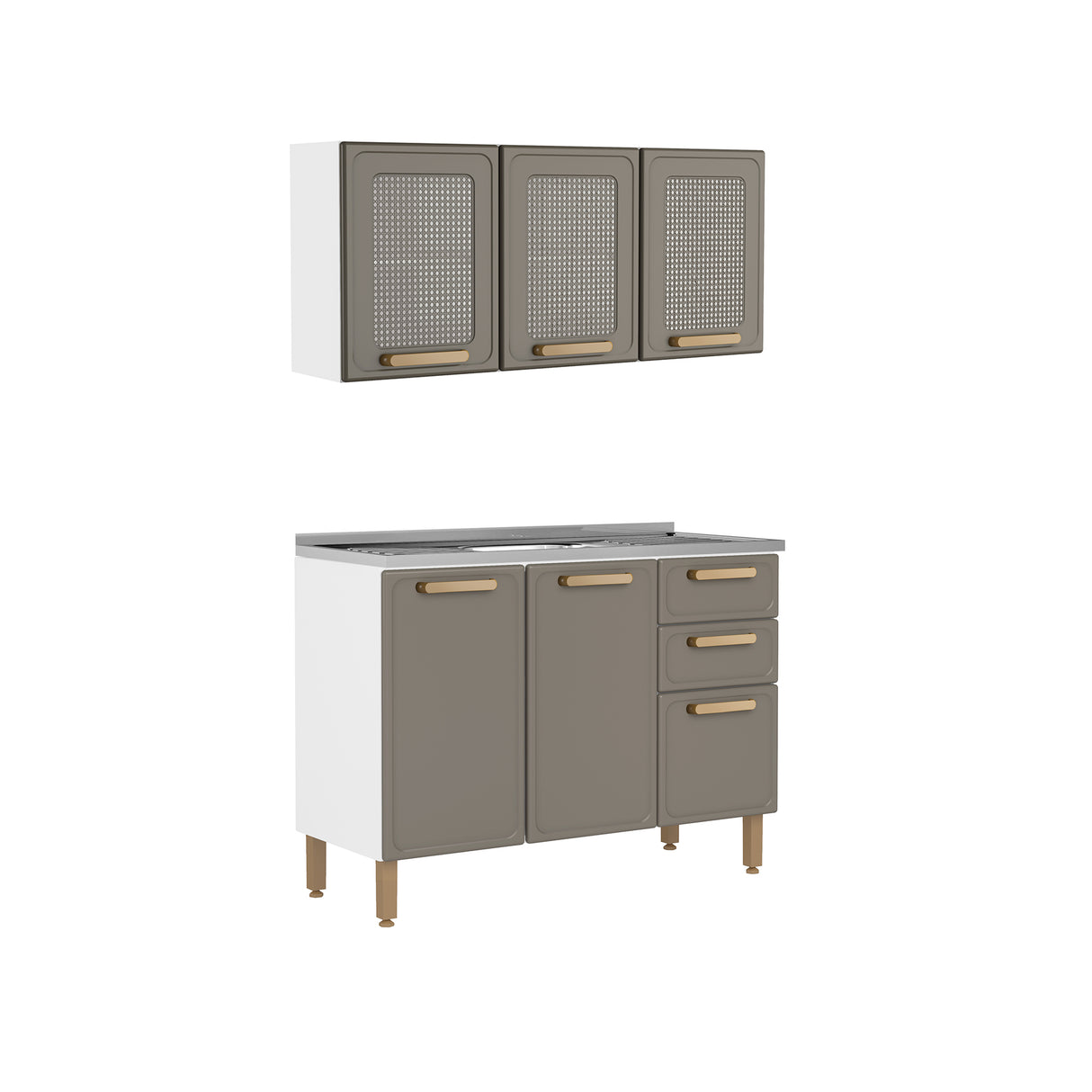 Cocina Integral Bella Cemento 120x138cm con Mesón de Acero Inoxidable sin Estufa y con Puerta Pecan