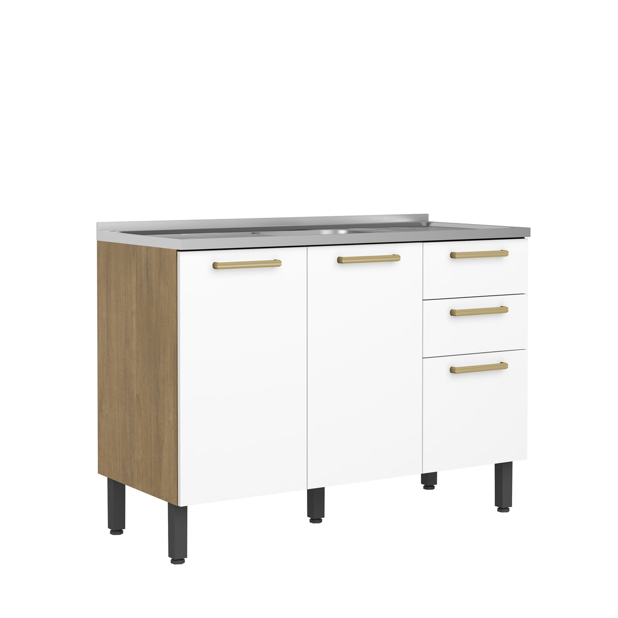 Mueble Inferior de Cocina Axe Blanco 120x85.5cm con Mesón de Acero Inoxidable de Pozuelo Centro y sin Estufa