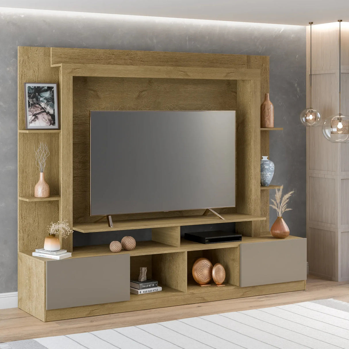 Centro de Entretenimiento Castaño 213x171cm para TV Hasta 65" Pulgadas con Trece Compartimientos con Ranura para Cables
