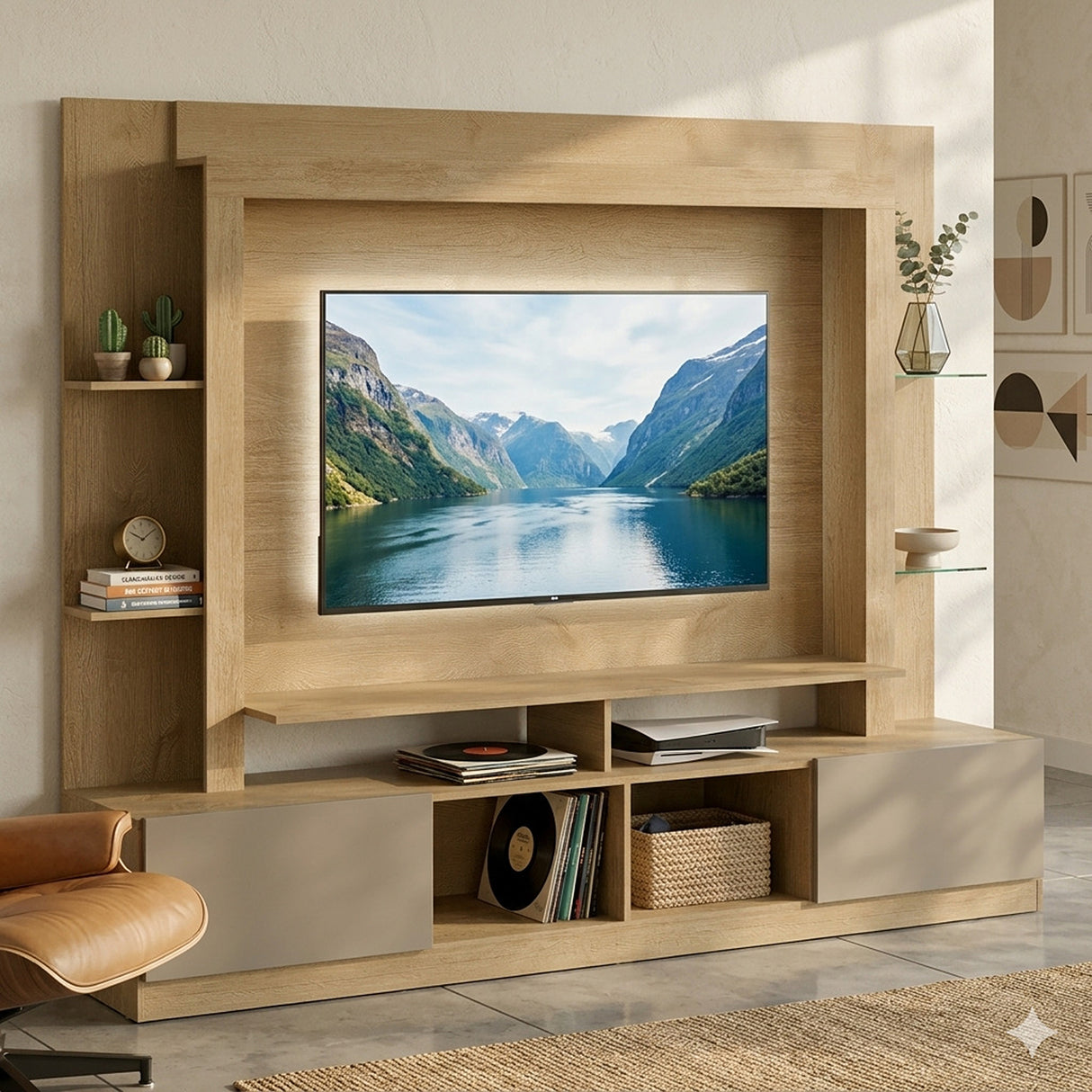 Centro de Entretenimiento Castaño 213x171cm para TV Hasta 65" Pulgadas con Trece Compartimientos con Ranura para Cables