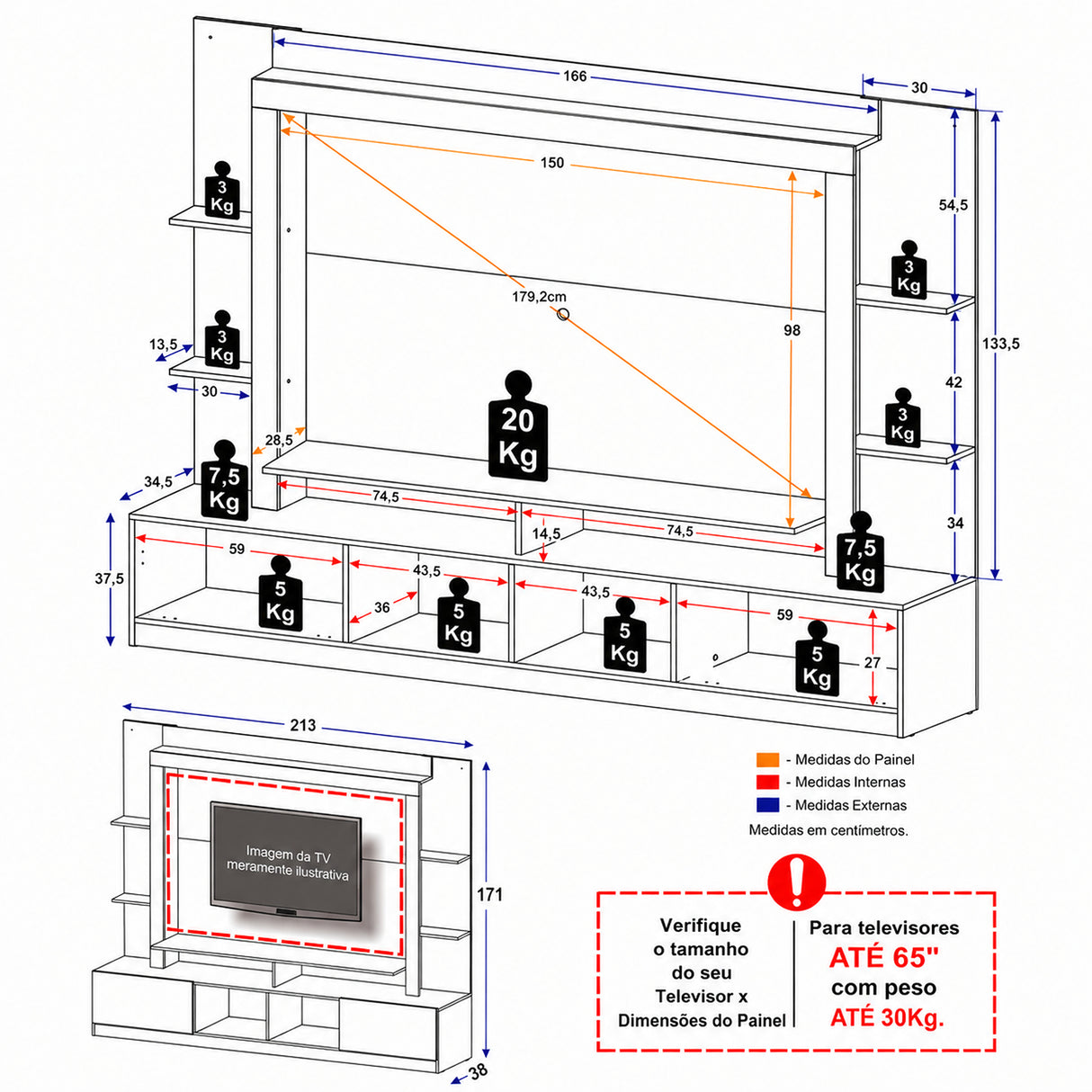Centro de Entretenimiento Castaño 213x171cm para TV Hasta 65" Pulgadas con Trece Compartimientos con Ranura para Cables