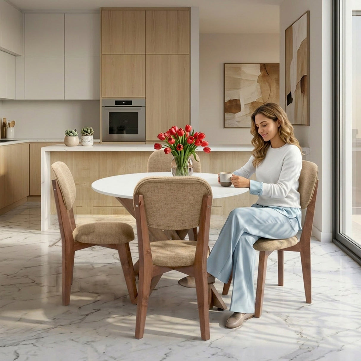 Juego de comedor Luxor Blanco y Beige 105x76.5cm Circular de Cuatro Puestos con Cuatro Sillas