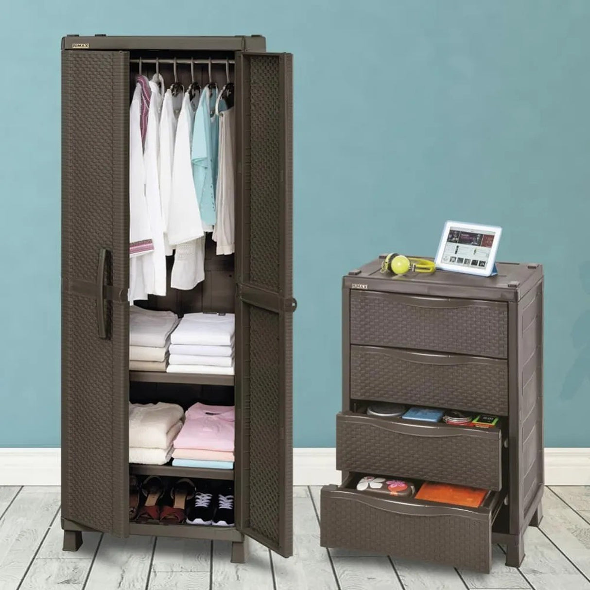 Combo Armario de Ropa con Cajonera Wengue 65x189cm con Dos Puertas y Dos Entrepaños